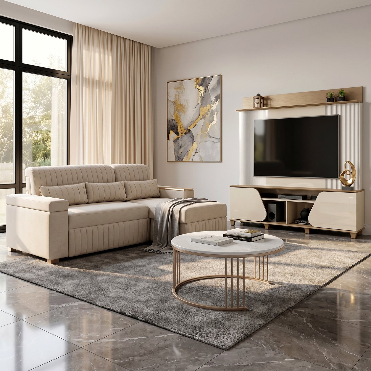 Combo Sala Cama Robi Blanco Puro Orientación Derecha + Centro Entretenimiento Logan Offwhite, Champaña