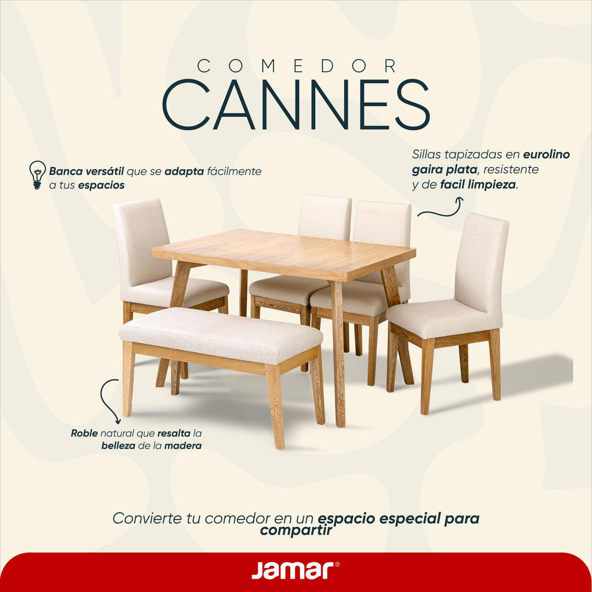 Comedor 6 Puestos Cannes Eurolino Marfil, Natural Banca.
