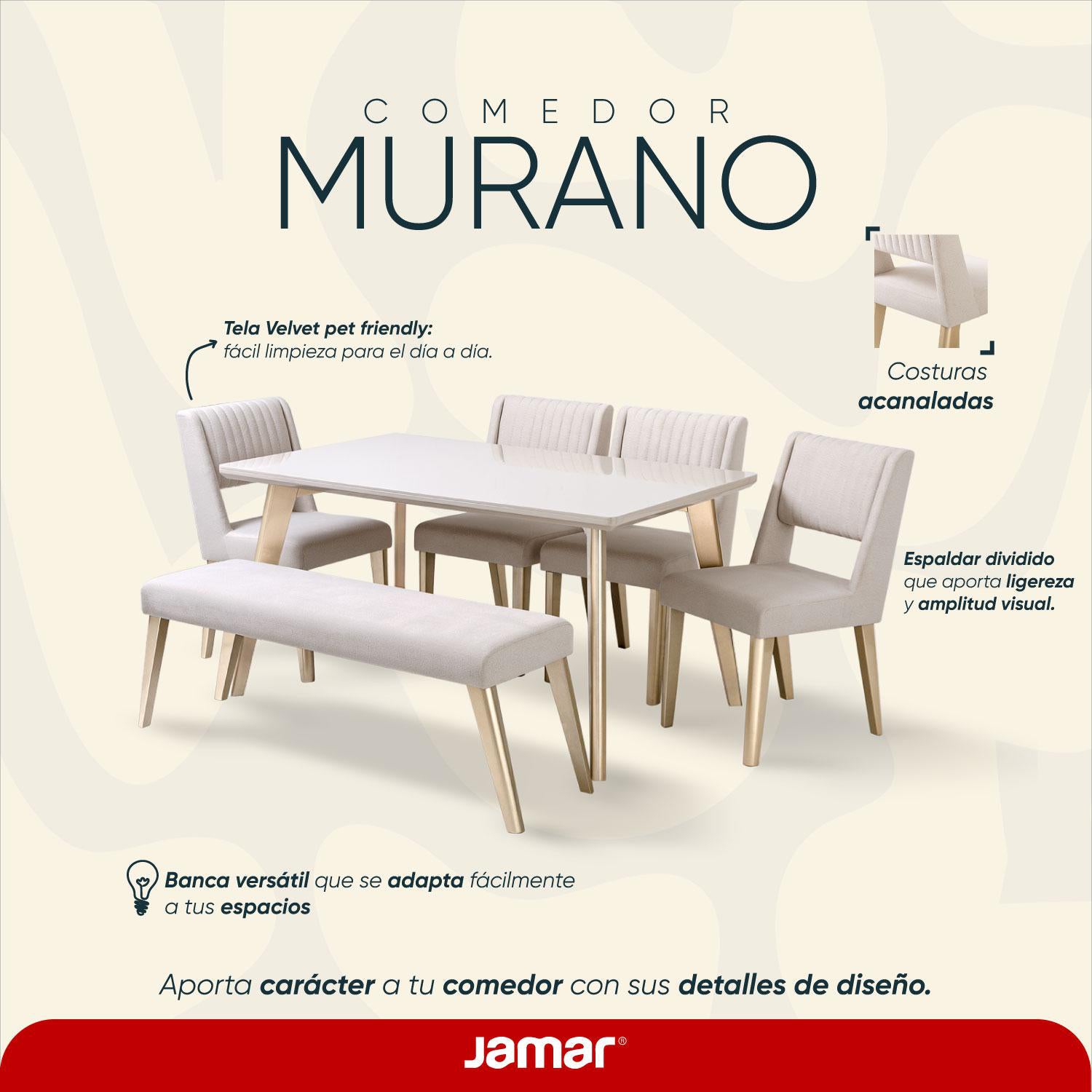 Comedor 6 Puestos Murano Velvet Serena Crema, Champaña Banca