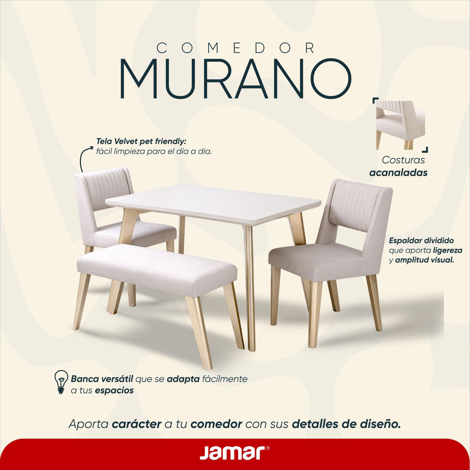 Comedor 4 Puestos Murano Velvet Serena Crema, Champaña Banca