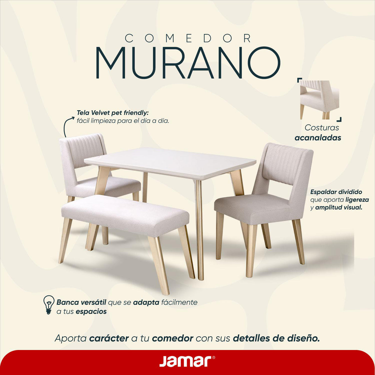 Comedor 4 Puestos Murano Velvet Serena Crema, Champaña Banca
