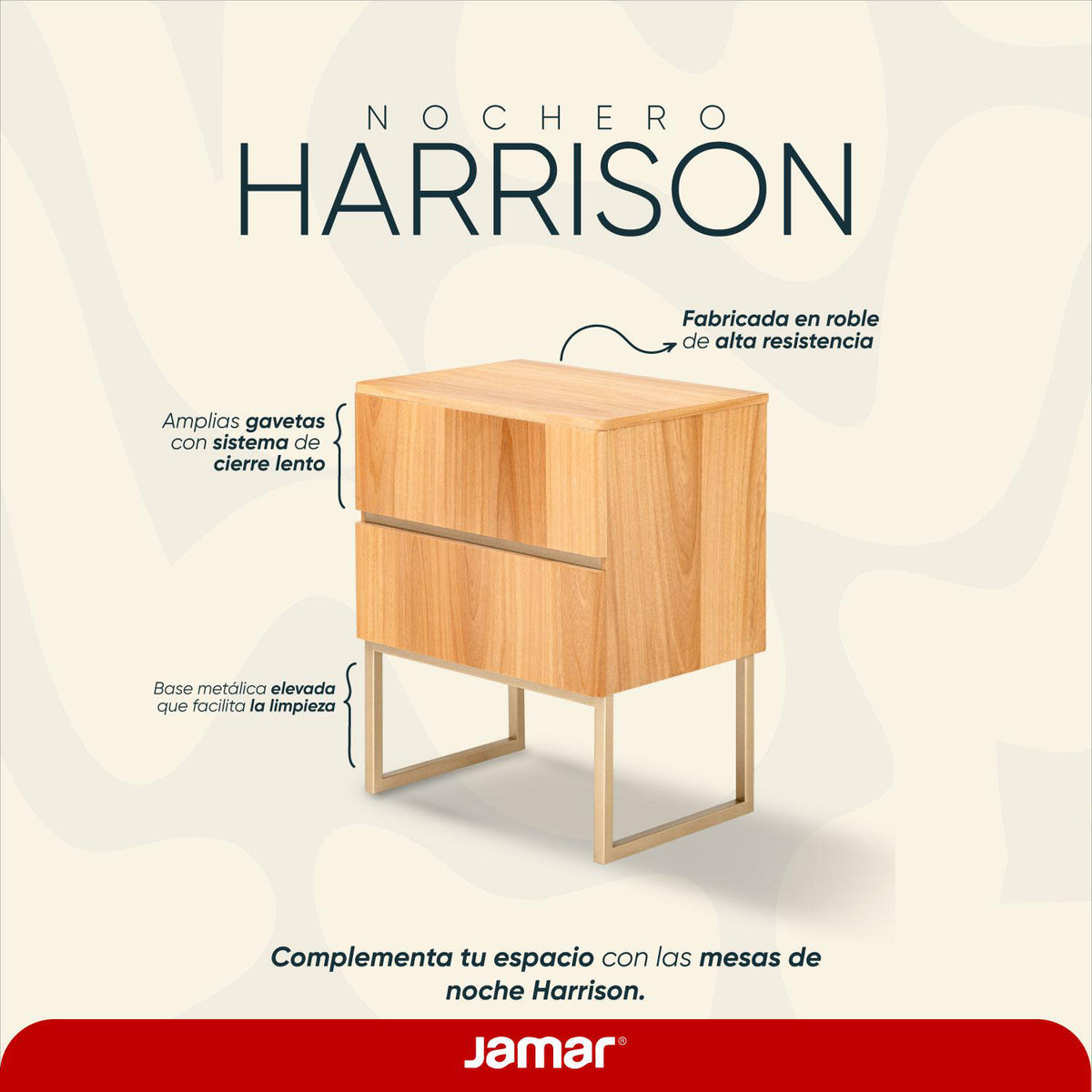 Mesa de Noche Harrison Natural, Champaña 2 Gavetas Base Metálica