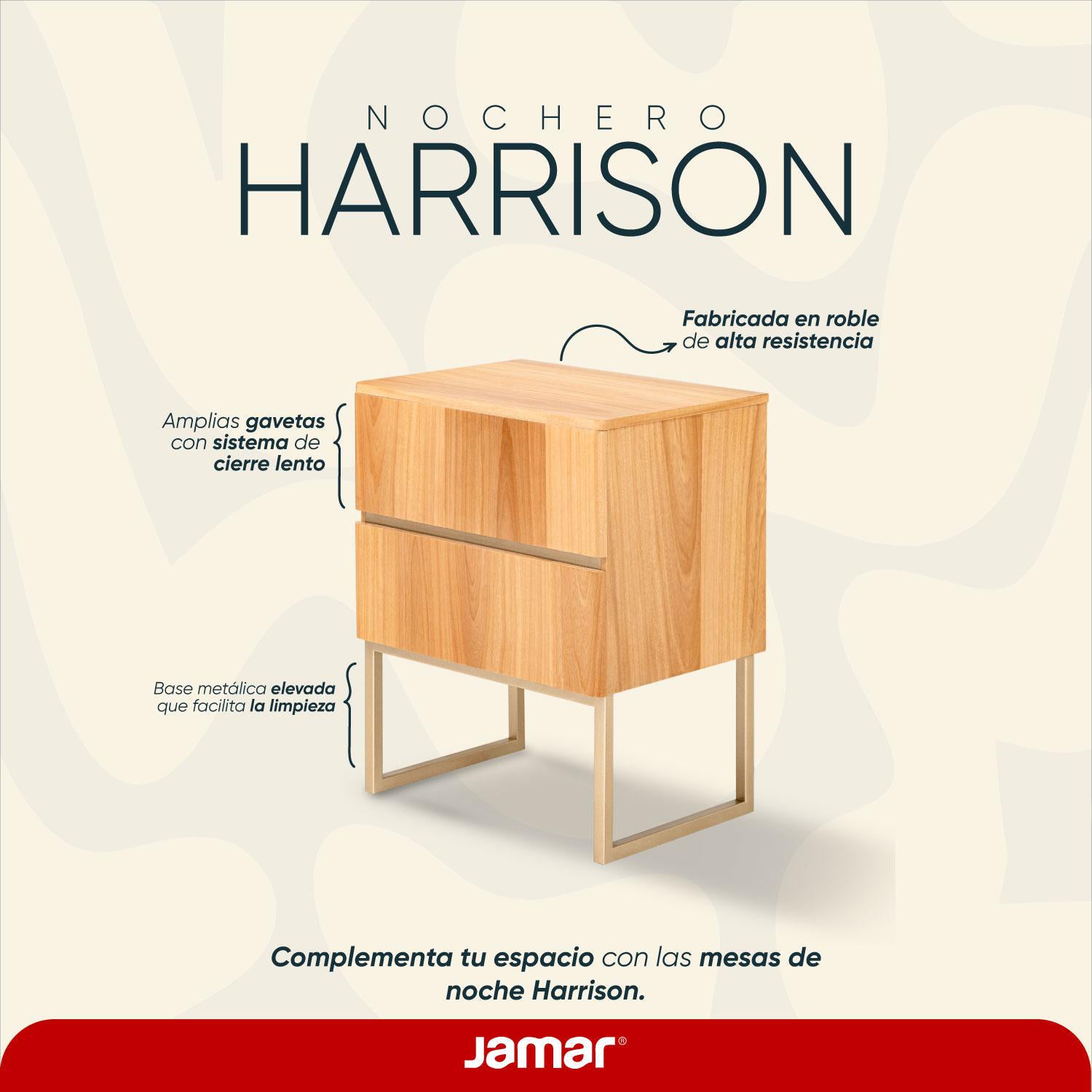 Mesa de Noche Harrison Natural, Champaña 2 Gavetas Base Metálica