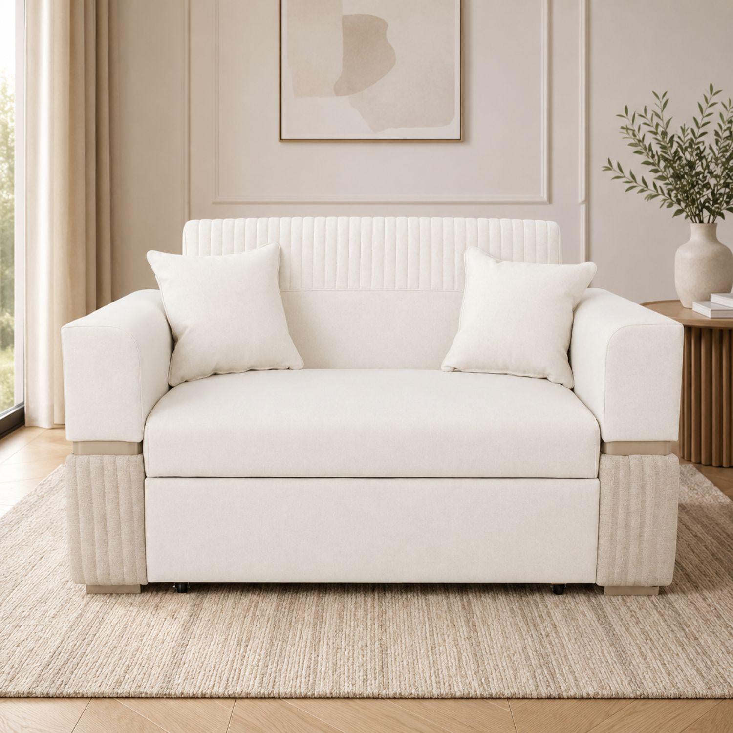 Sofá Cama Dhara Eurolino Blanco, Verona Beige, Champaña 175 cm Brazo Desmontable