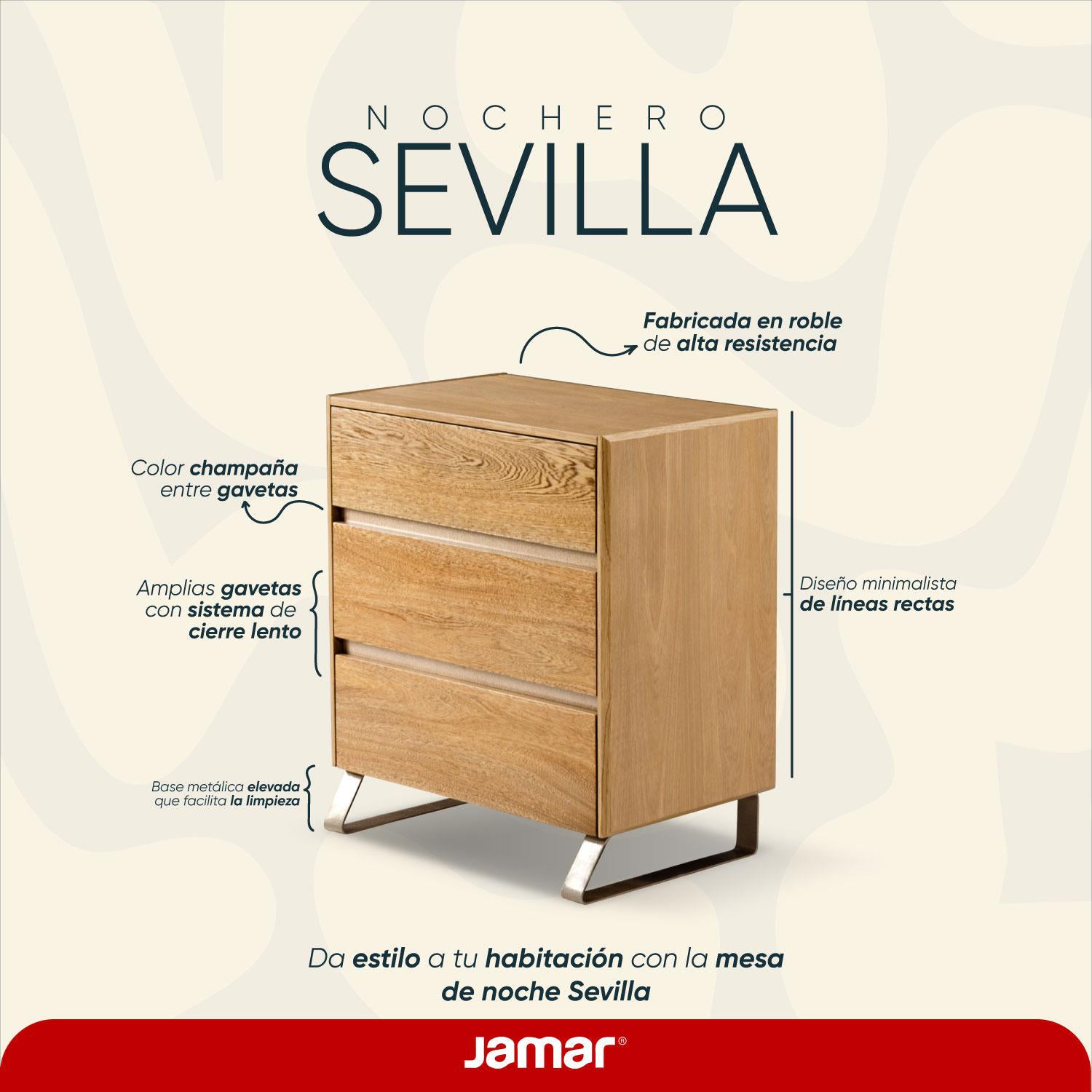 Mesa de Noche Sevilla Natural, Champaña 3 Gavetas