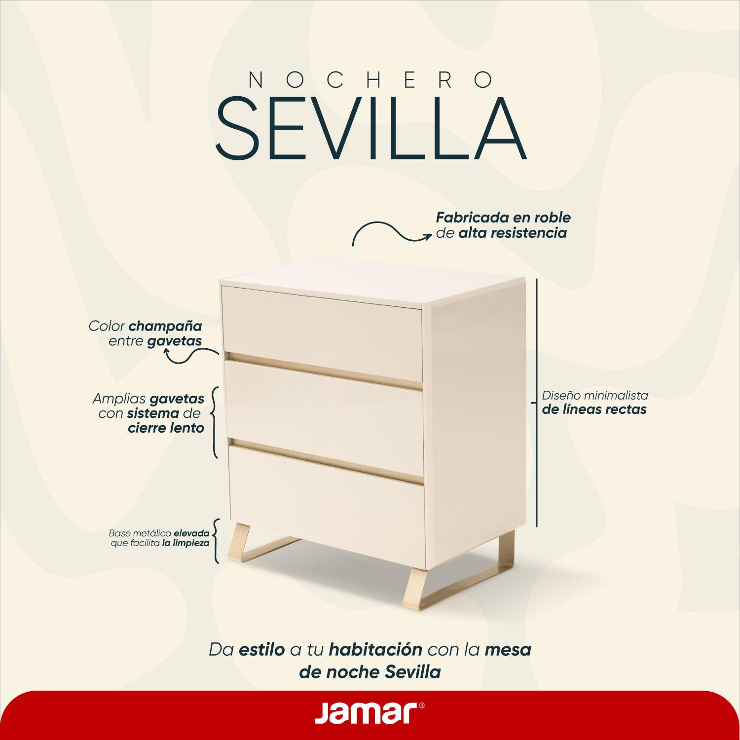 Mesa de Noche Sevilla Greige, Champaña 3 Gavetas