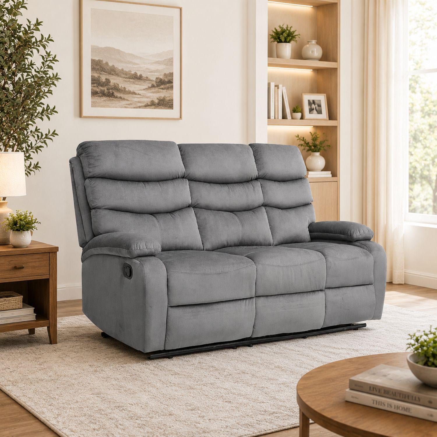 Sofá Reclinable 3 Puestos Foster Velvet Gris