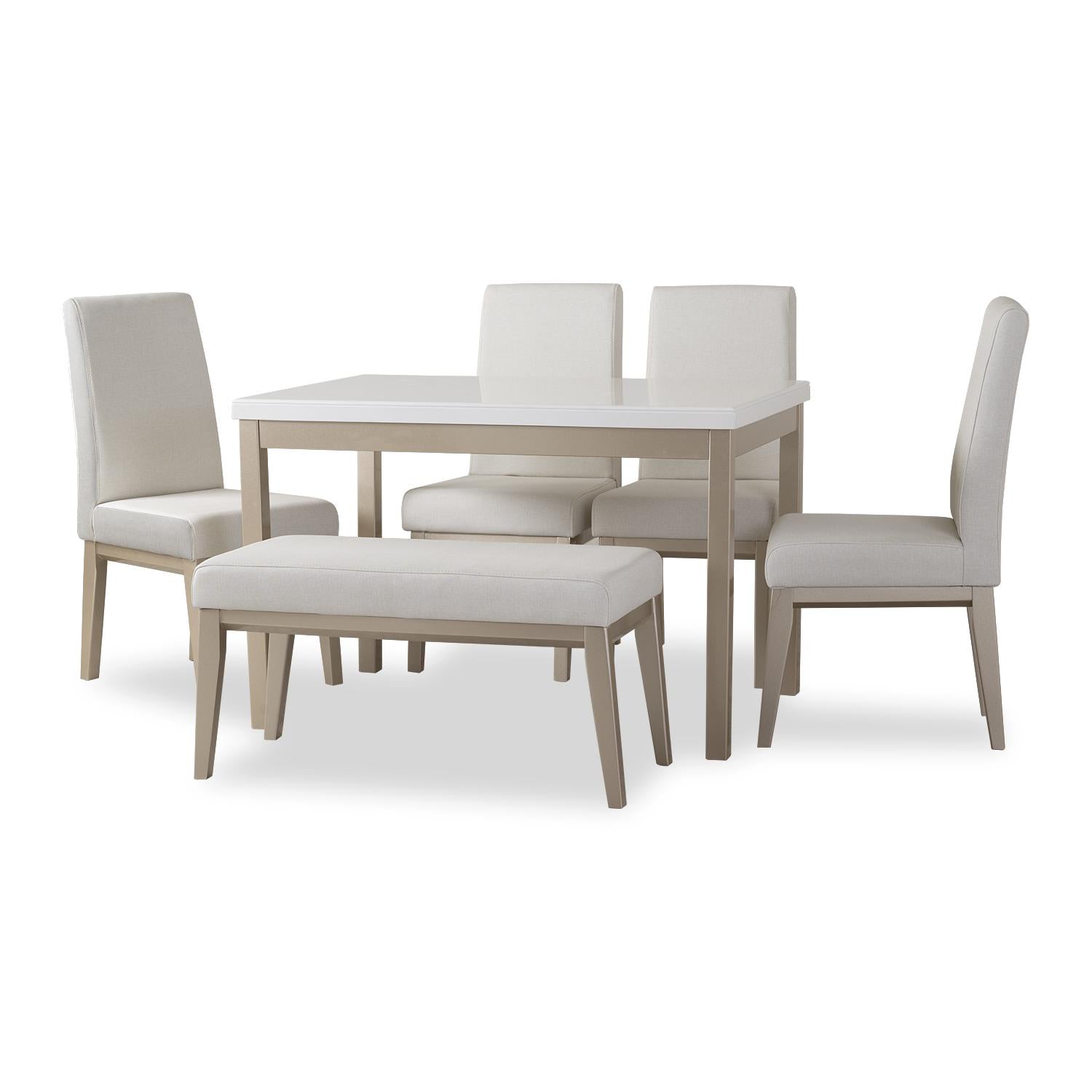 Comedor 6 Puestos Walcot Eurolino Blanco Puro, Champaña 4 Sillas + Butaco