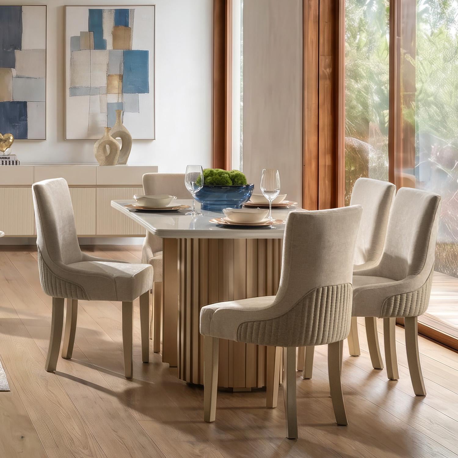 Comedor 6 Puestos Firence Lino Touch Almendra, Verona Beige, Champaña, Off White