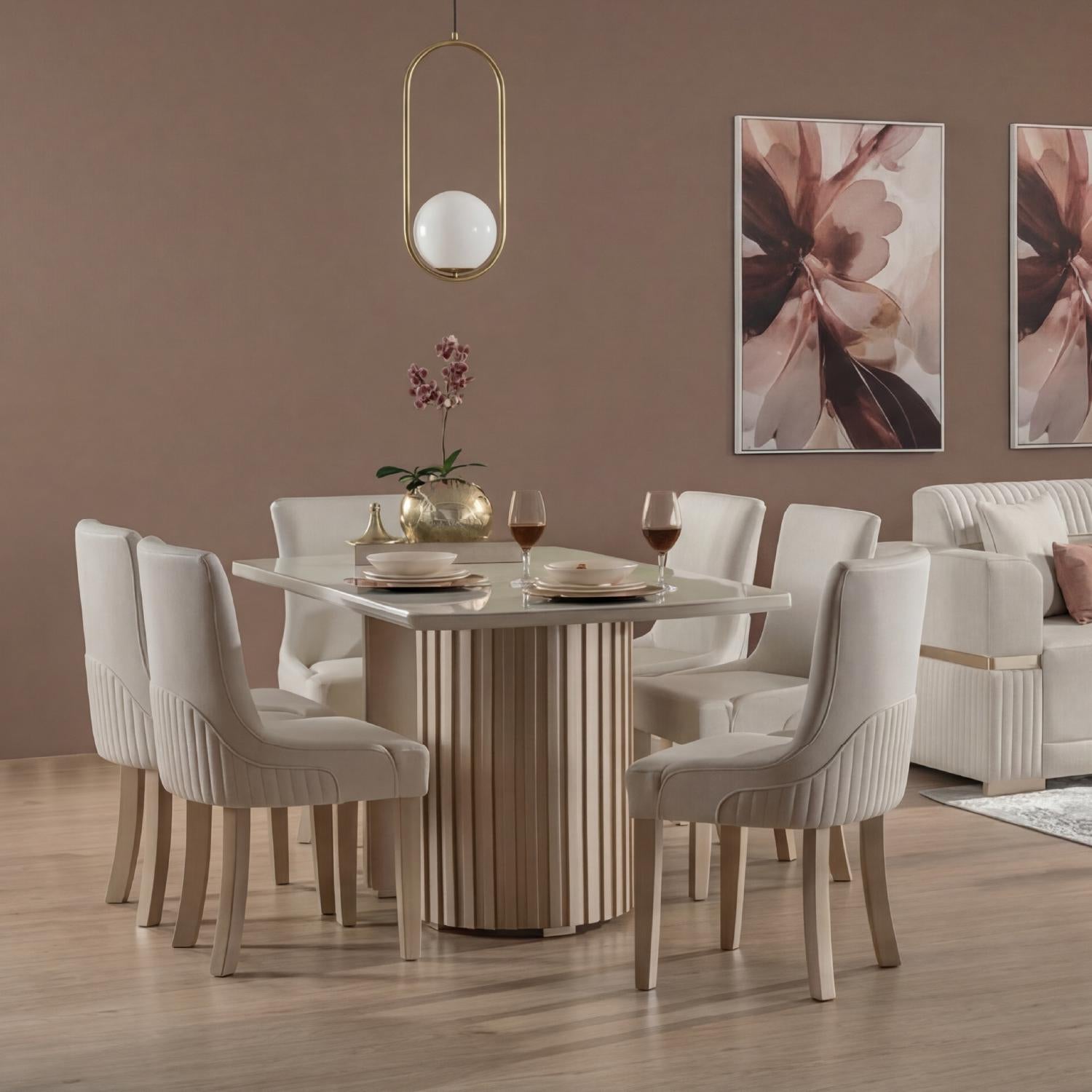 Comedor 6 Puestos Firence Eurolino Blanco Puro, Champaña