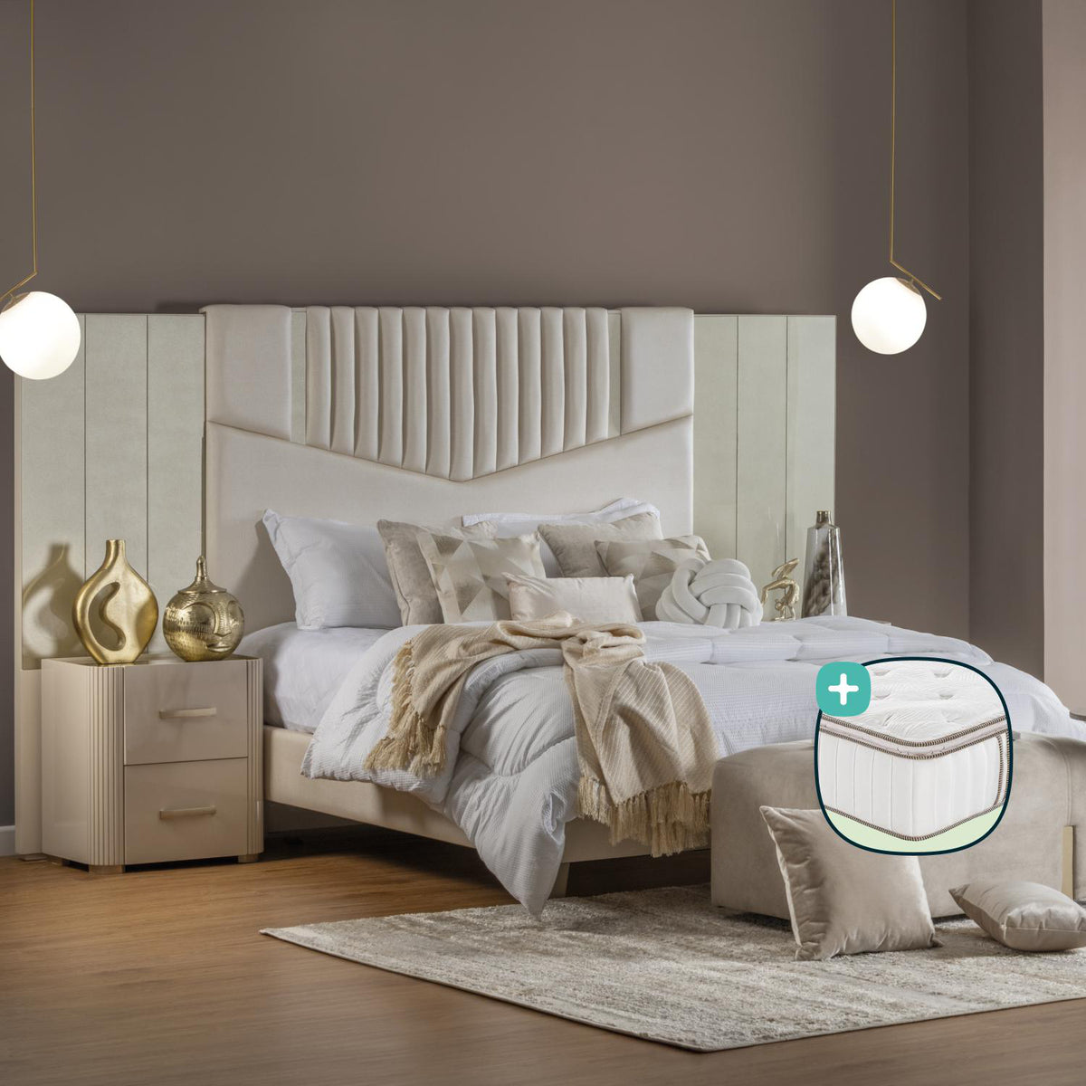 Combo Cama Queen Sabina Off White, Champaña, Beige + Colchón Silenzio Deluxe Pillow Top