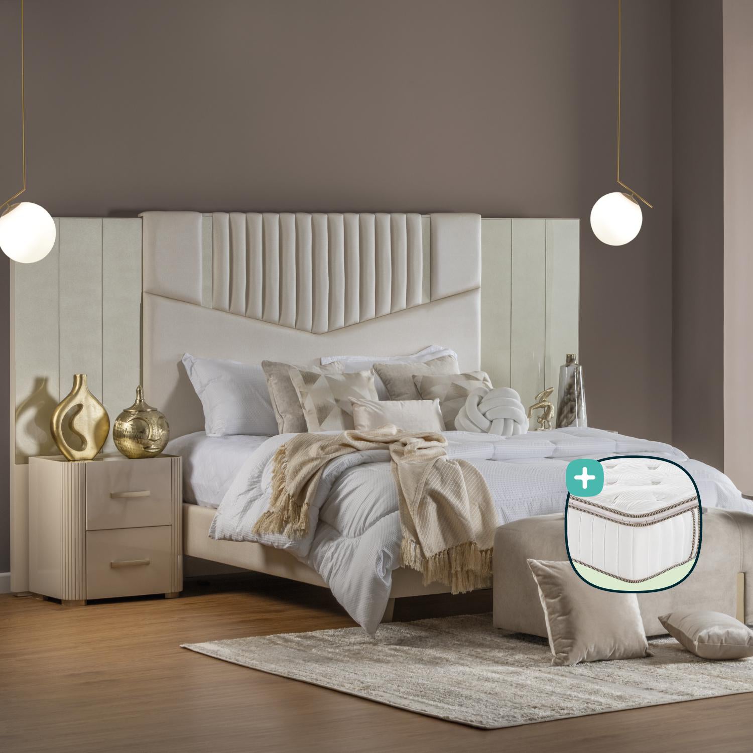 Combo Cama Doble Sabina Off White, Champaña, Beige + Colchón Silenzio Deluxe Pillow Top