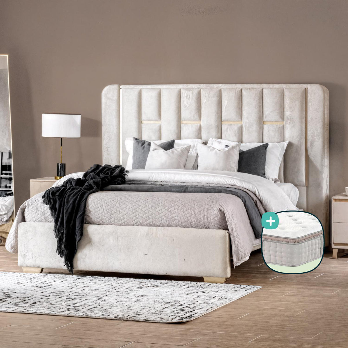 Combo Cama Doble Sevilla Velvet Crudo, Champaña + Colchón Infinit Pillow Top
