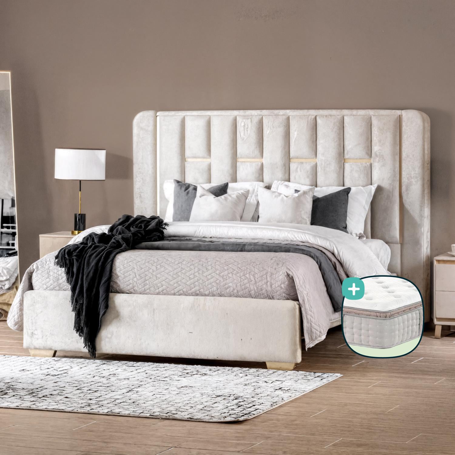 Combo Cama King Sevilla Velvet  Crudo, Champaña + Colchón Infinit Pillow Top