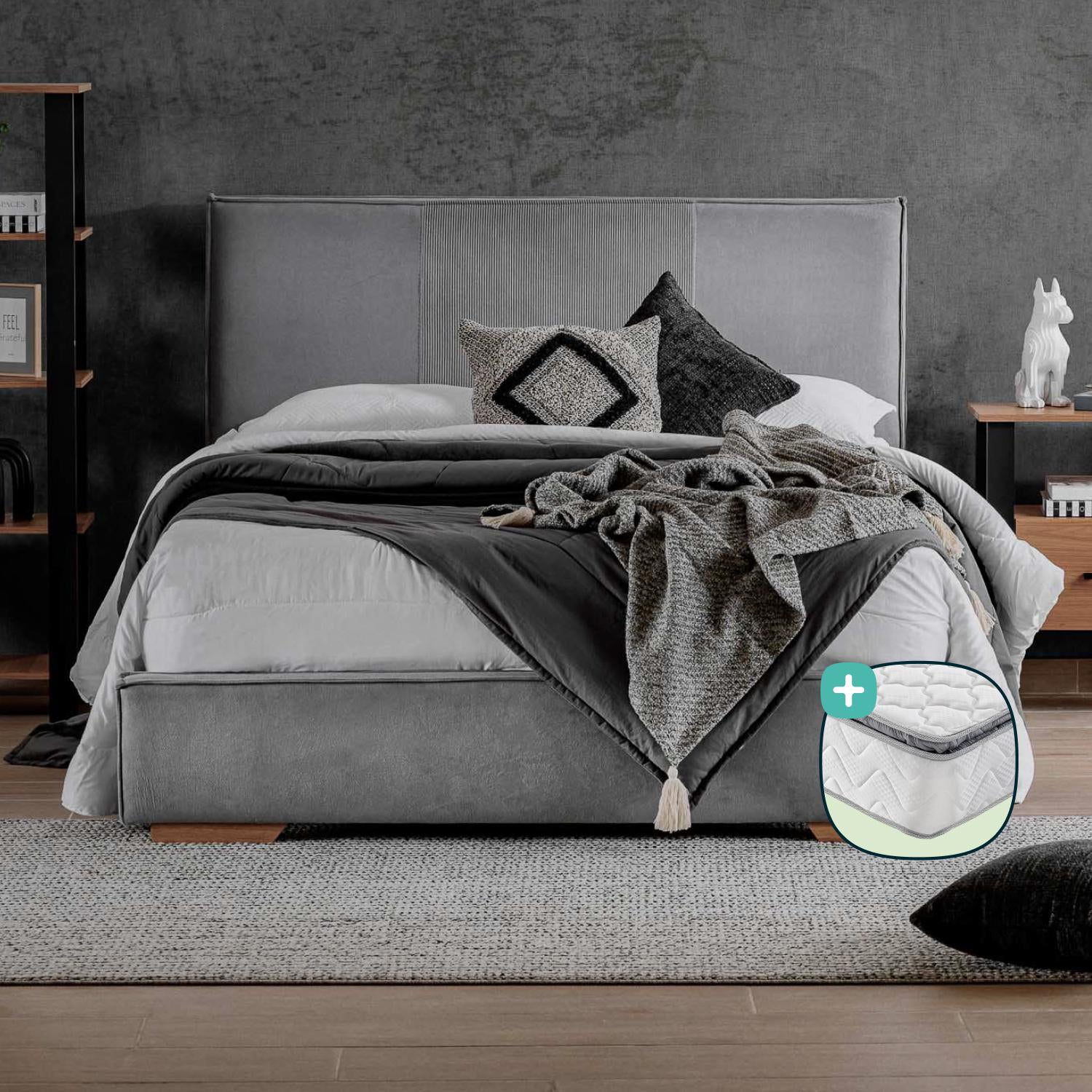 Combo Cama Doble Tokyo Gris, Natural + Colchón Valencia New Ortopédico