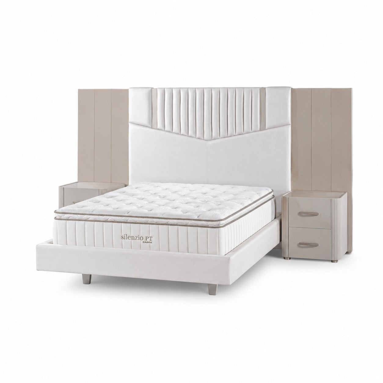 Combo Cama Doble Sabina Off White, Champaña + Colchon Silenzio Pillow Top + 2 Nocheros