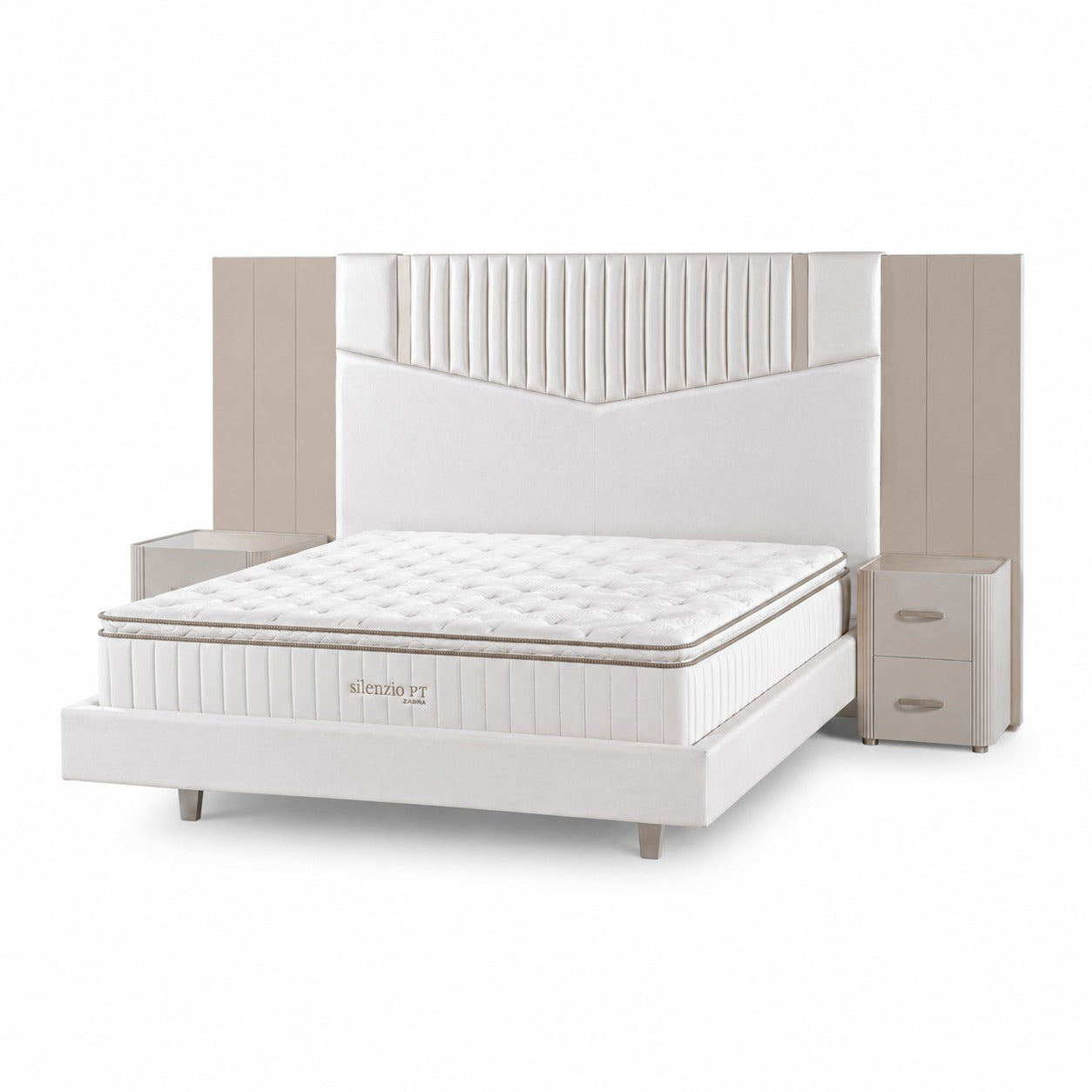 Combo Cama Queen Sabina Off White, Champaña + Colchon Silenzio Pillow Top + 2 Nocheros