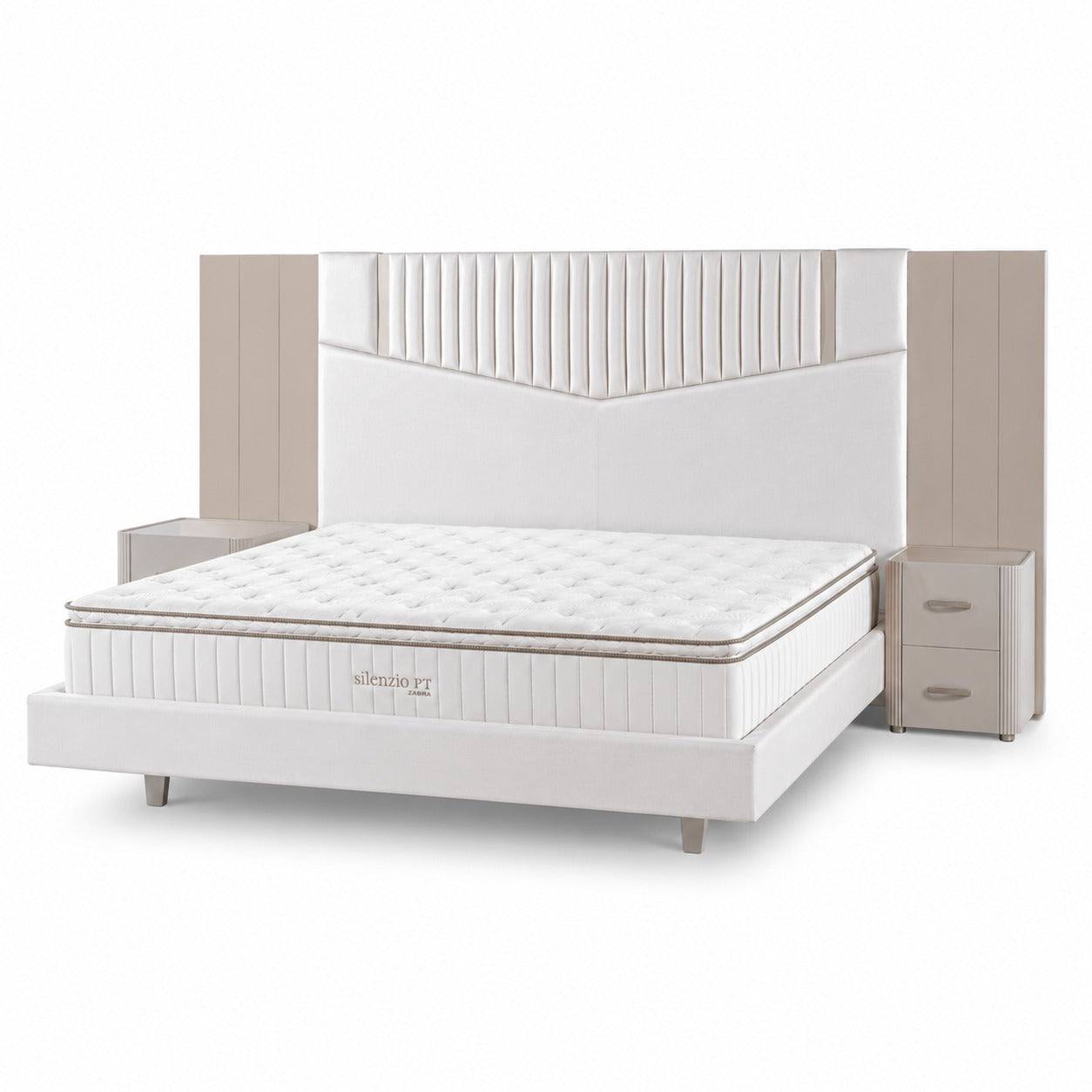 Combo Cama King Sabina Off White, Champaña + Colchon Silenzio Pillow Top + 2 Nocheros