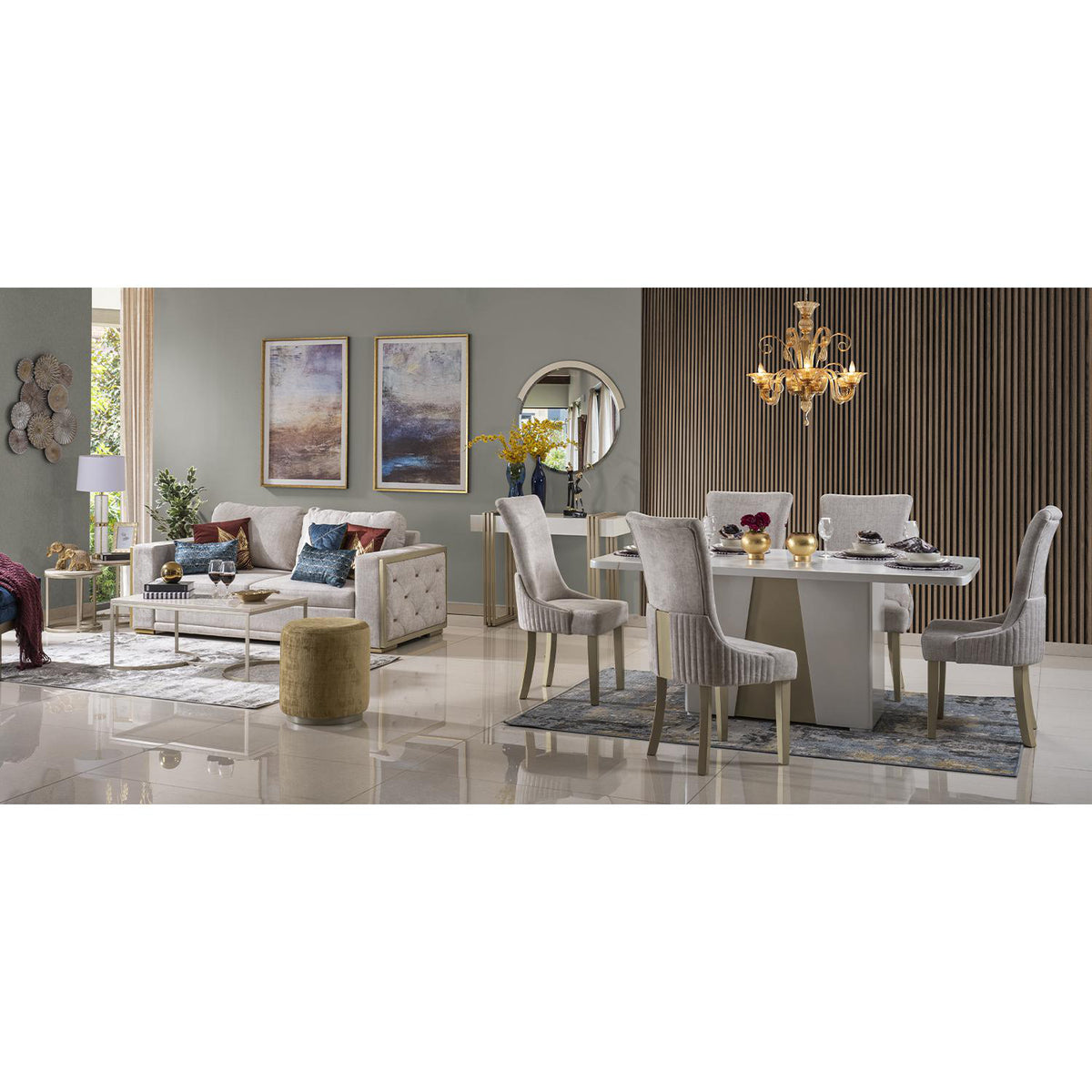 Comedor 6 Puestos Roma Velvet Atlas Marmol, Champaña Base Cubierta Madera