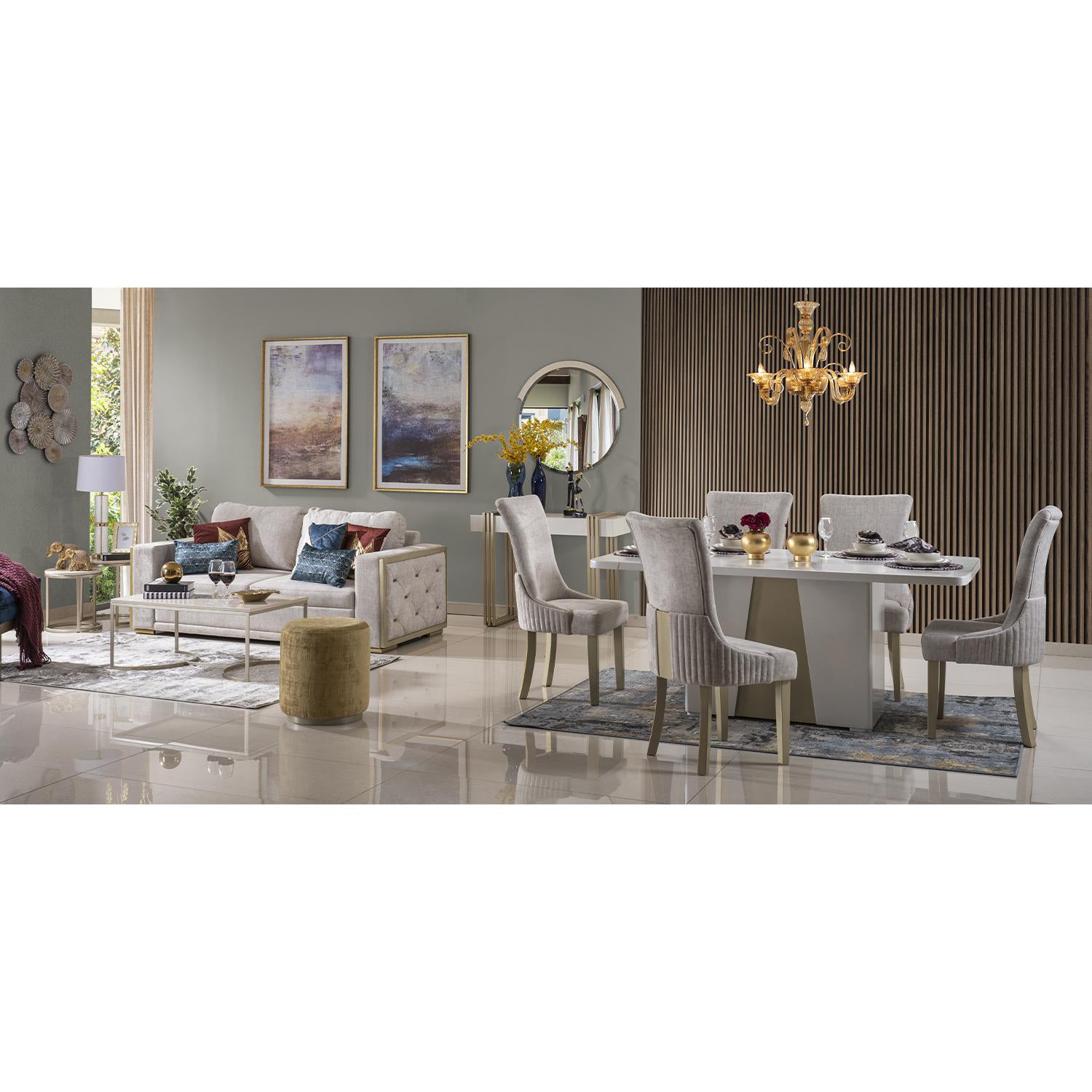 Comedor 6 Puestos Roma Velvet Atlas Marmol, Champaña Base Cubierta Madera