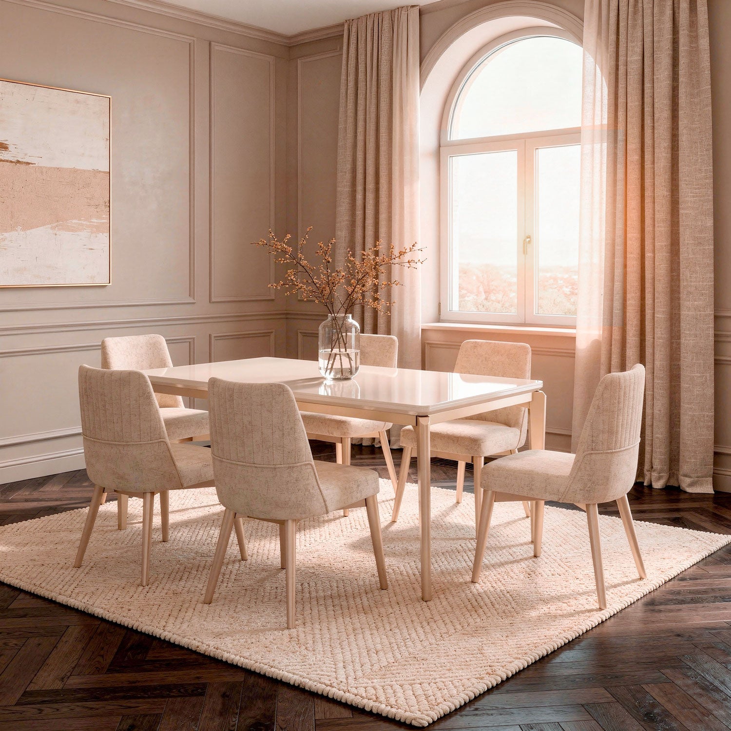 Comedor 6 Puestos Bonn Velvet Prisma Crema, Champaña.