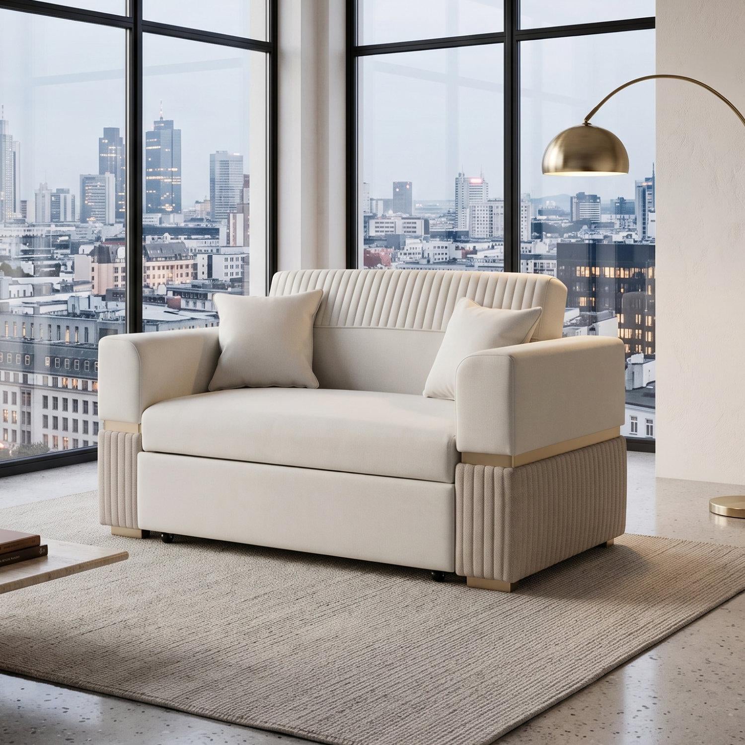 Sofá Cama Dhara Eurolino Blanco, Verona Beige, Champaña 145 cm Brazo Desmontable