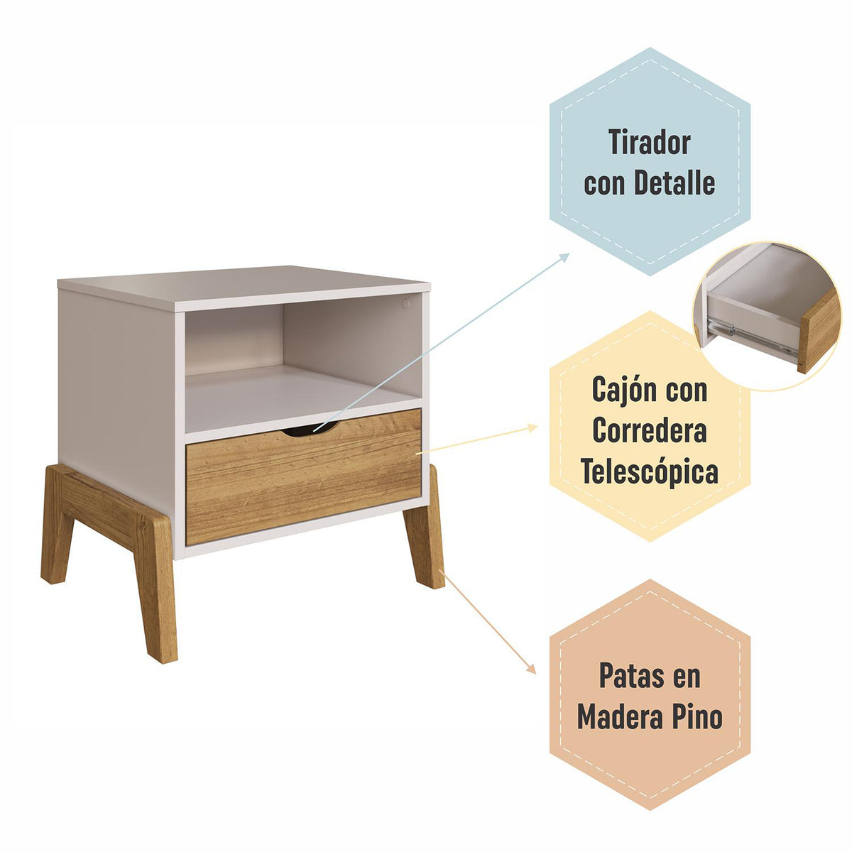 Mesa de Noche Andros Off White, Natural