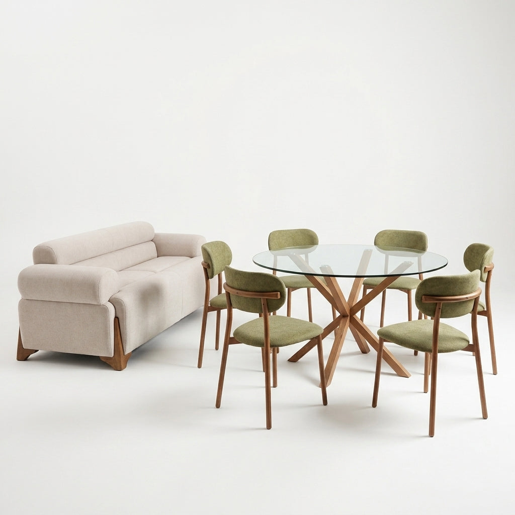 Sofa 3 Puesto Larisa + Comedor Dousty Chenille Impetu, Beige, Natural