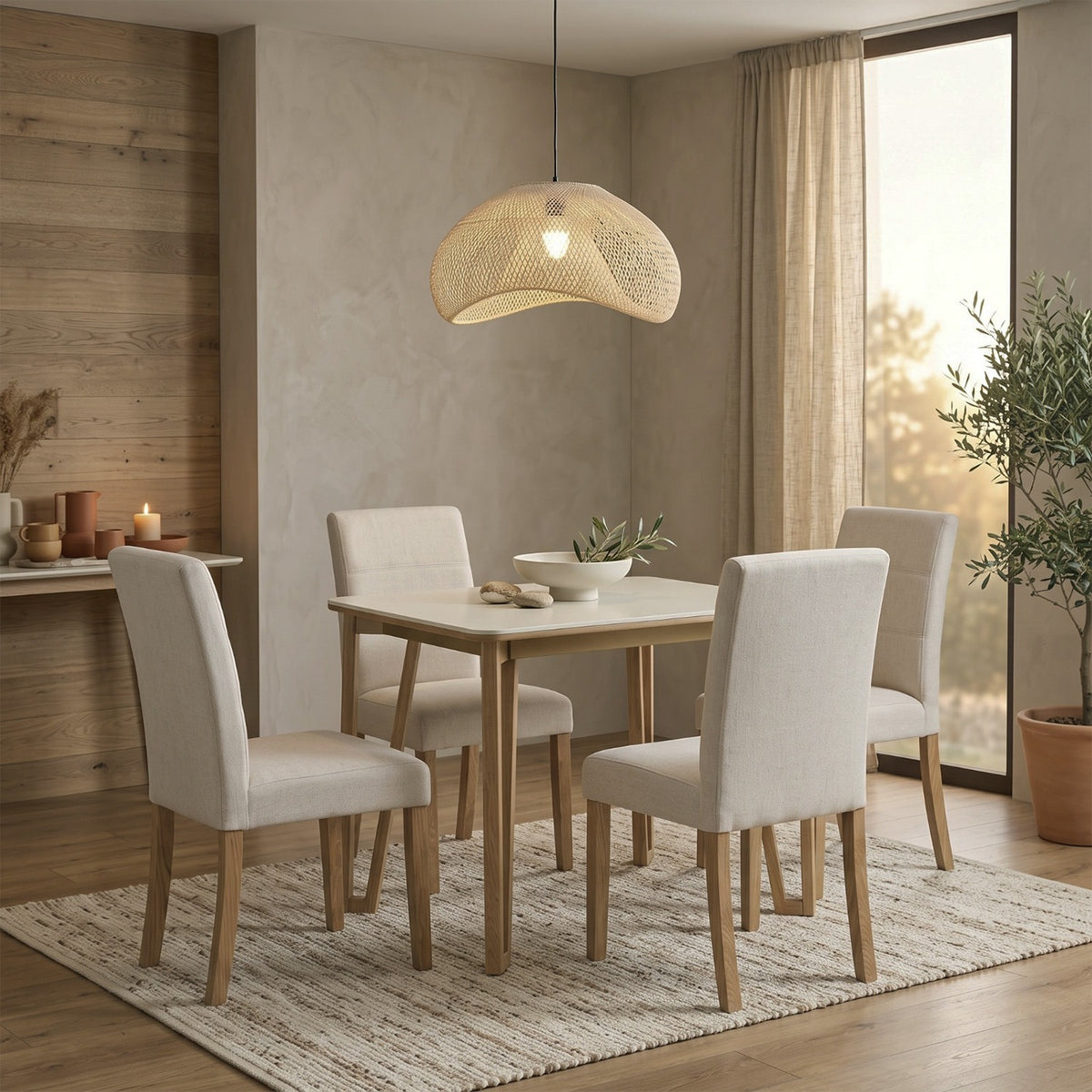 Comedor 4 Puestos Bianco Chenille Impetu Beige, Natural