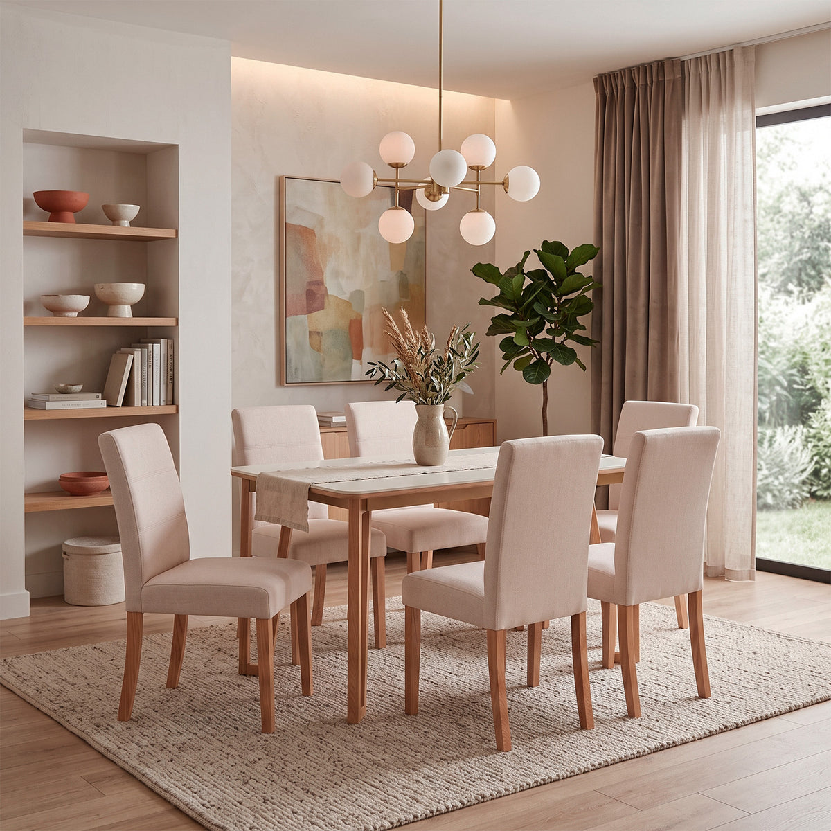 Comedor 6 Puestos Bianco Chenille Impetu Beige, Natural