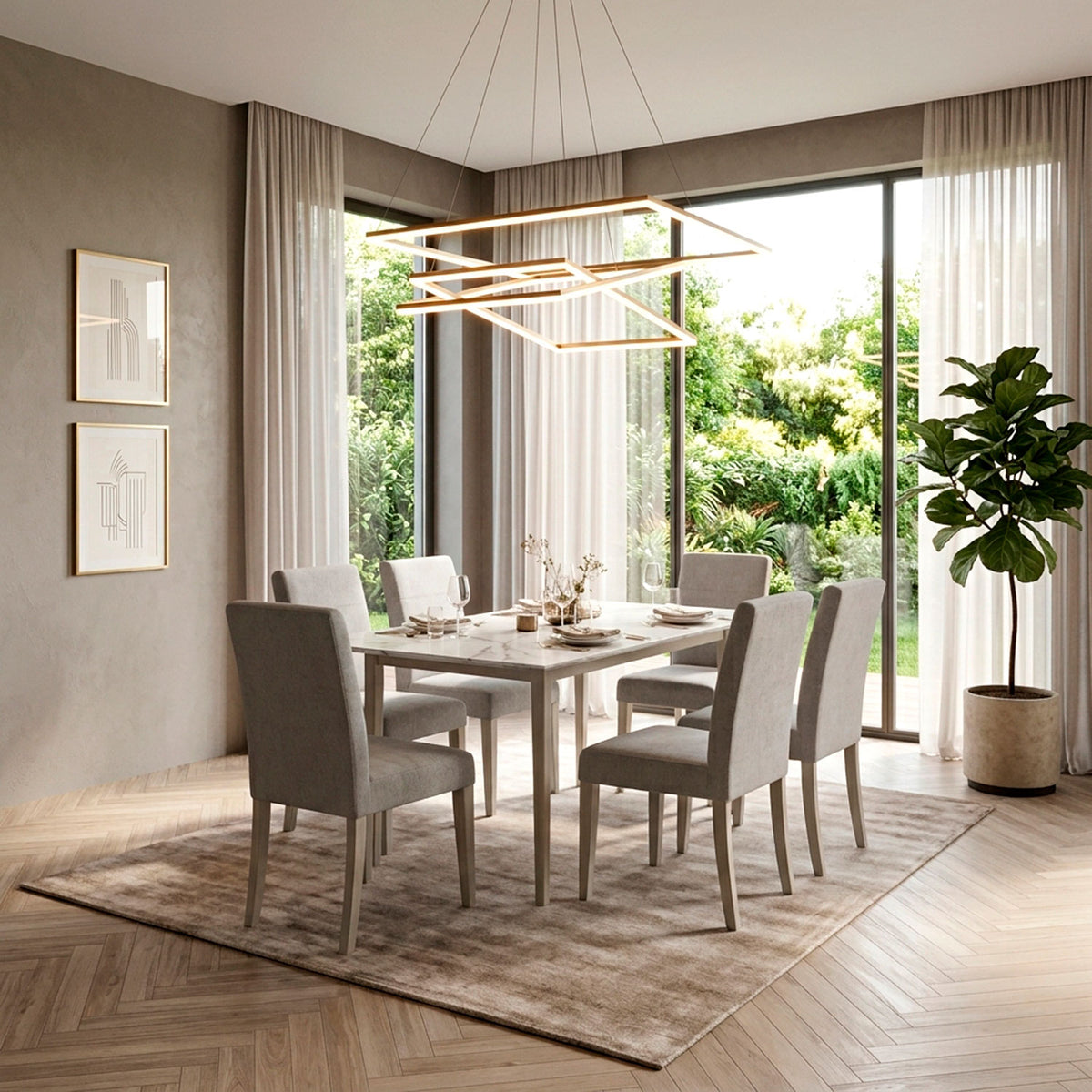 Comedor 6 Puestos Bianco Chenille Baite Taupe, Champaña Base Para Vidrio