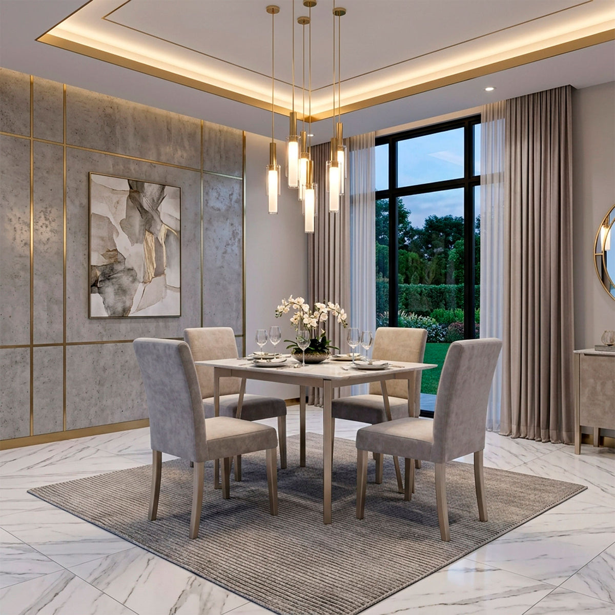 Comedor 4 Puestos Bianco Chenille Baite Taupe, Champaña Base Para Vidrio