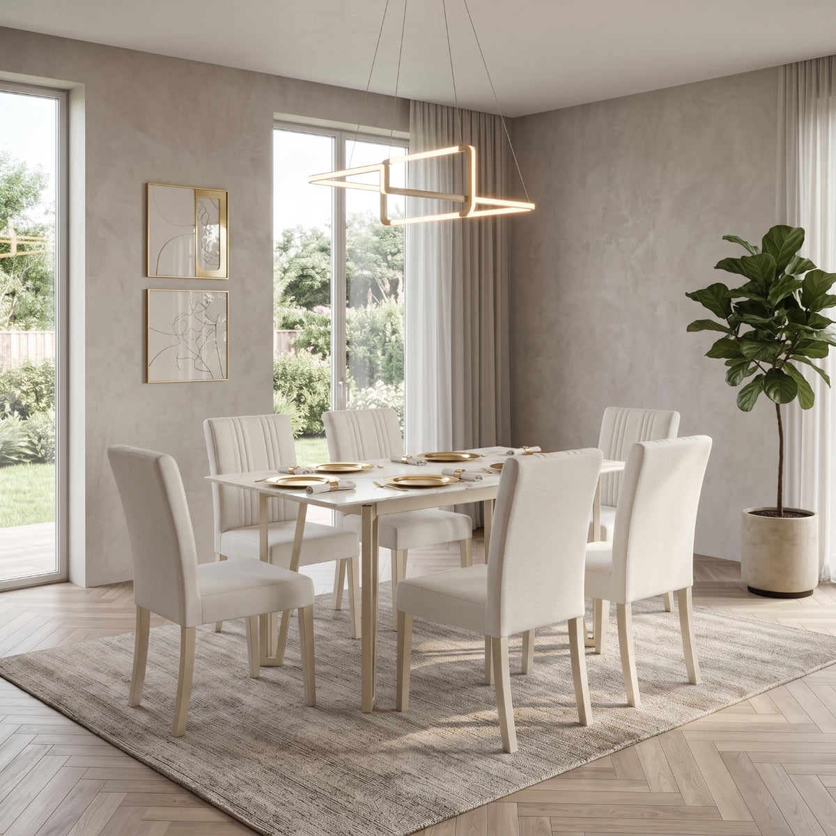 Comedor 6 Puestos Kenzo Eurolino Blanco, Champaña Cubierta Para Vidrio