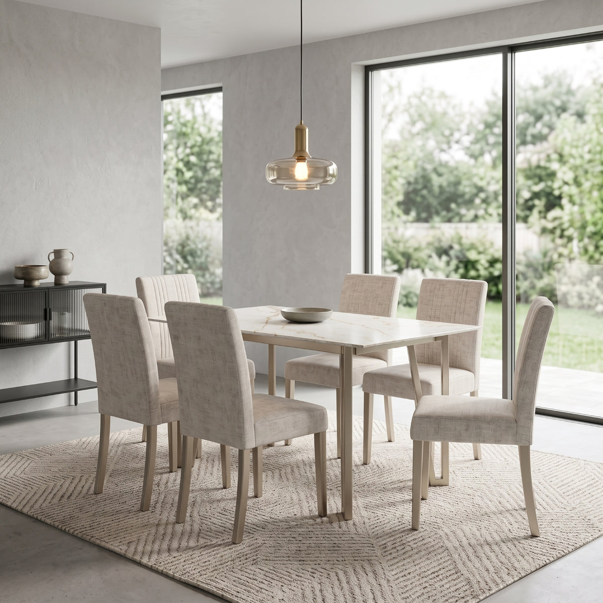 Comedor 6 Puestos Kenzo Velvet Luxury Sand, Champaña Base Para Vidrio