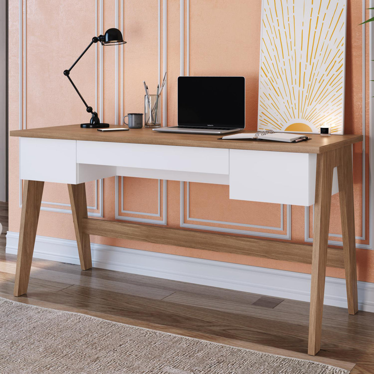 Escritorio Belga  Natural, Blanco 150X77X60