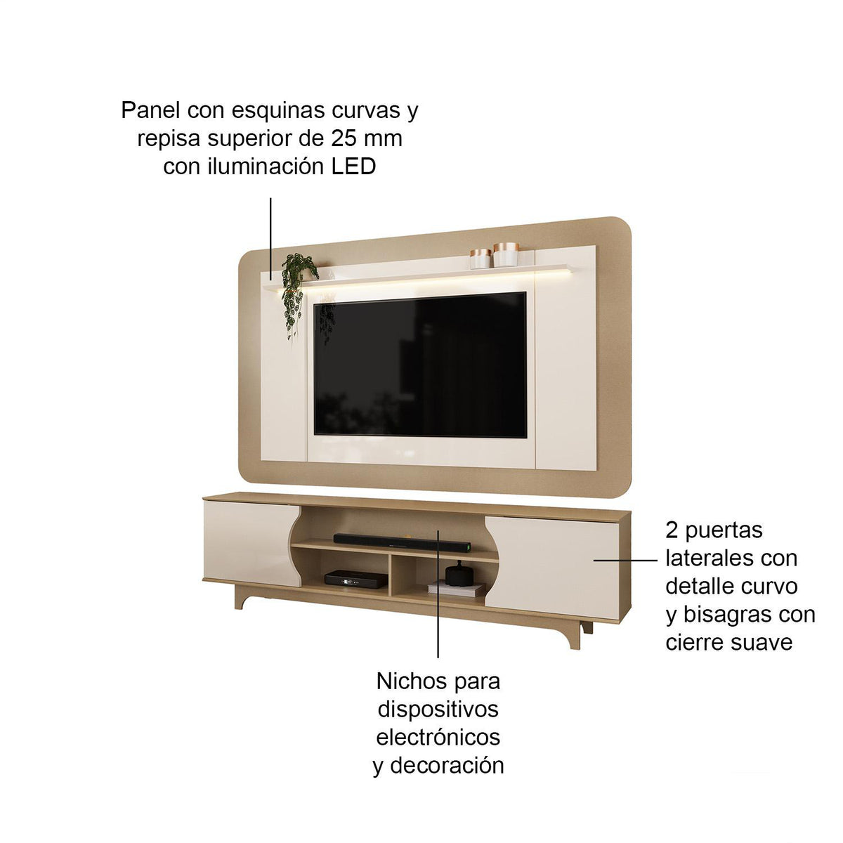 Centro de Entretenimiento Evora 220X1970X3 Champaña, Off White