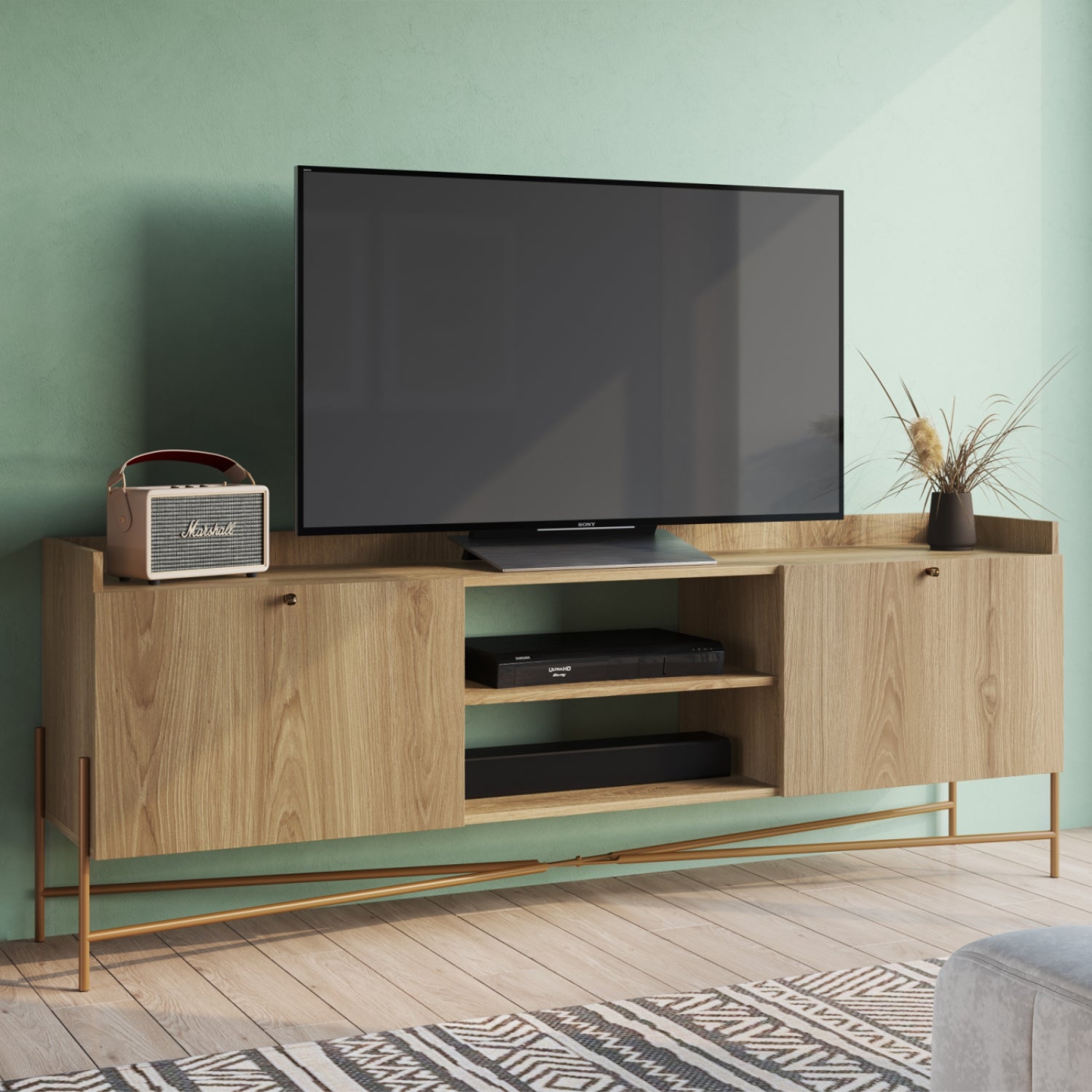 Mesa De Tv Box Natural, Dorado 183X66X37