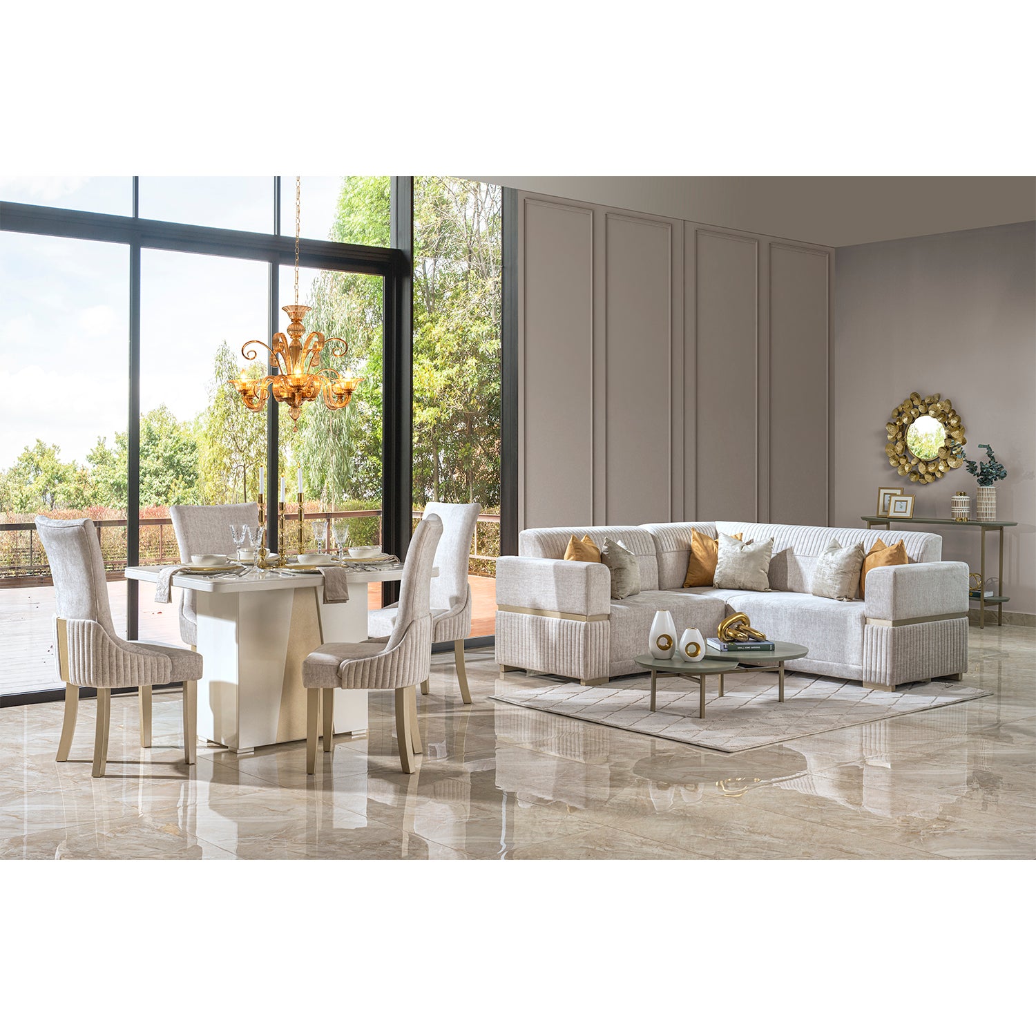 Comedor 4 Puestos Roma Velvet Atlas Marmol, Champaña