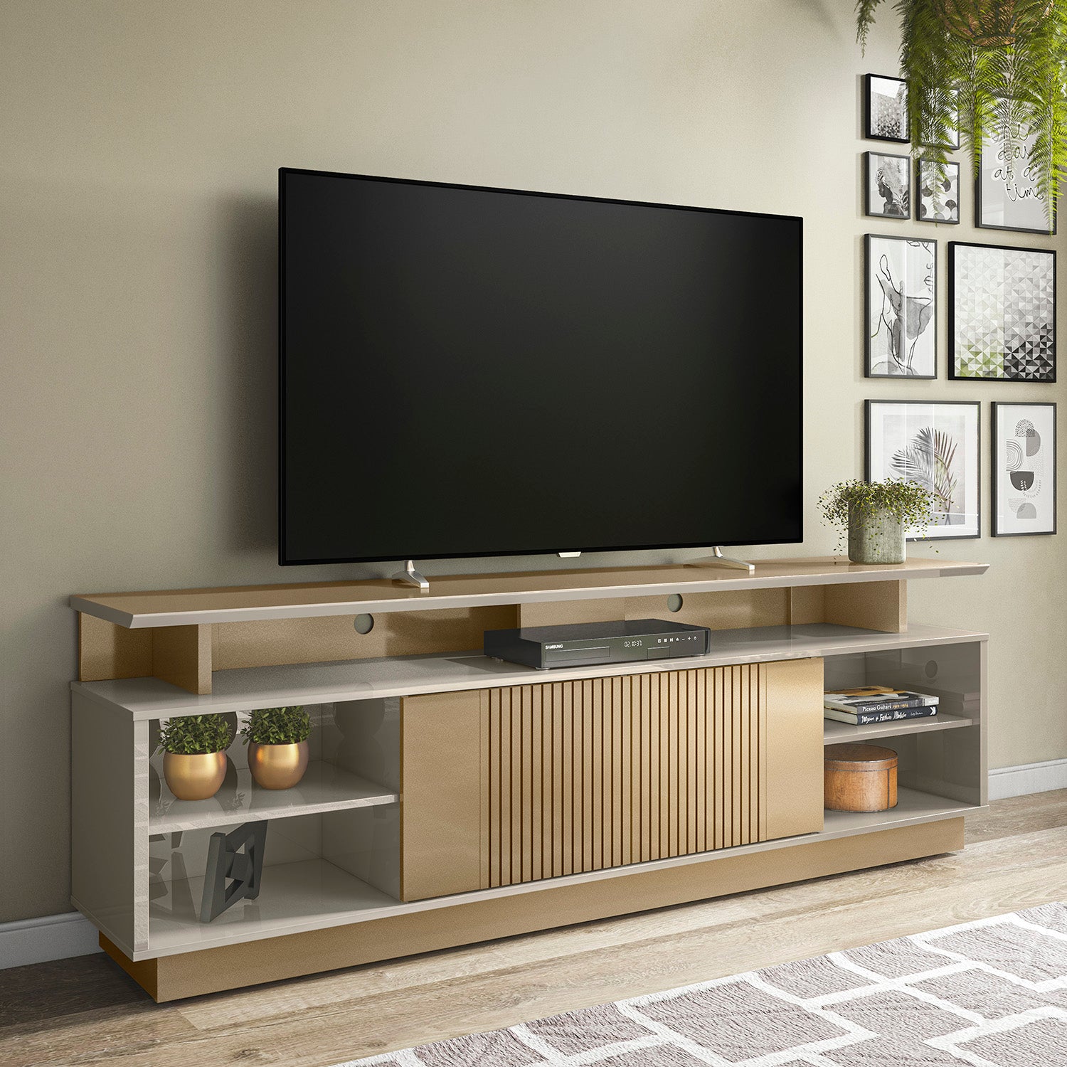 Mesa De Tv Moscu Dorado, Off White 200X66X38*