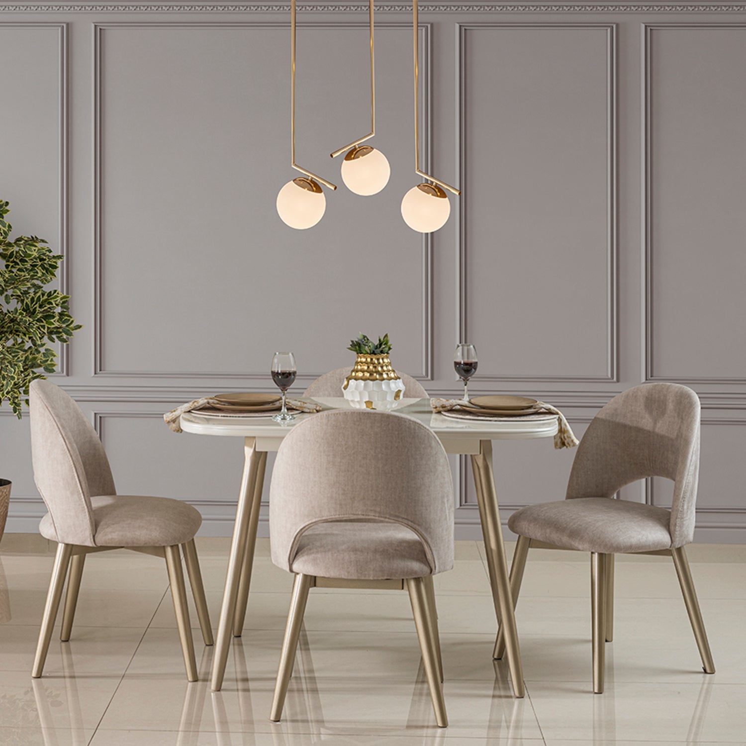 Comedor 4 Puestos Alina Velvet Almond Blanco Perla, Champaña