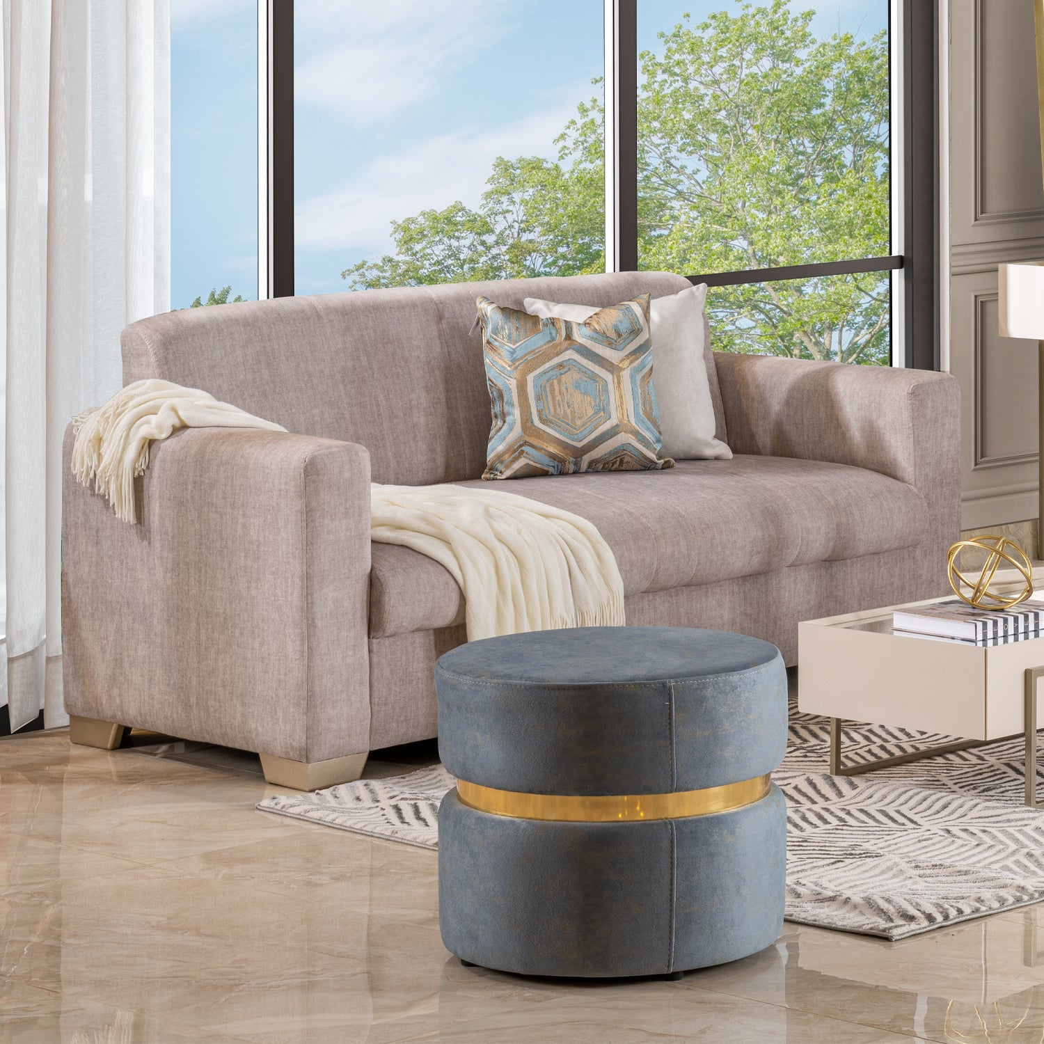Sofa 3 Puestos Adam Velvet Atlas Almond, Champaña