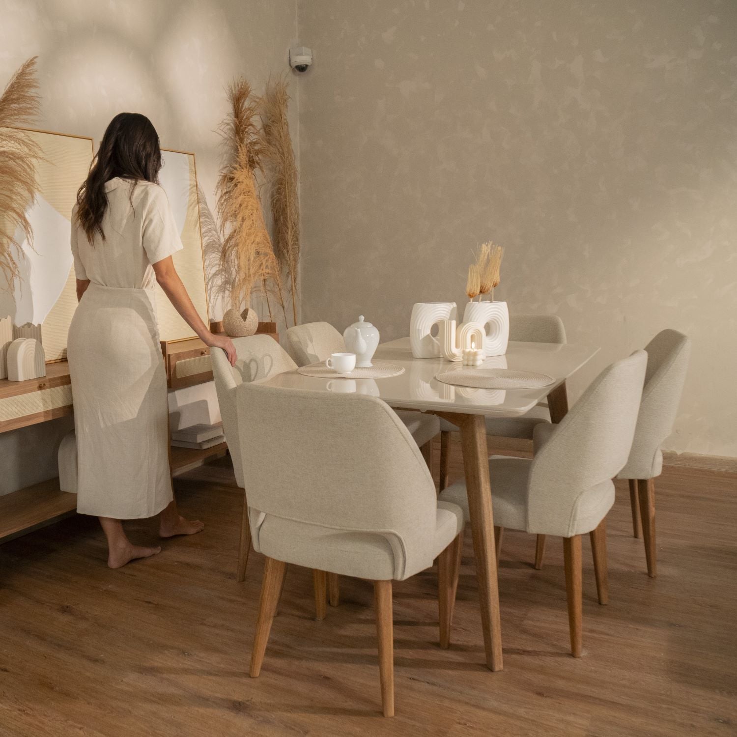 Comedor 6 Puestos Camille Lino Verona Beige, Cubierta Natural