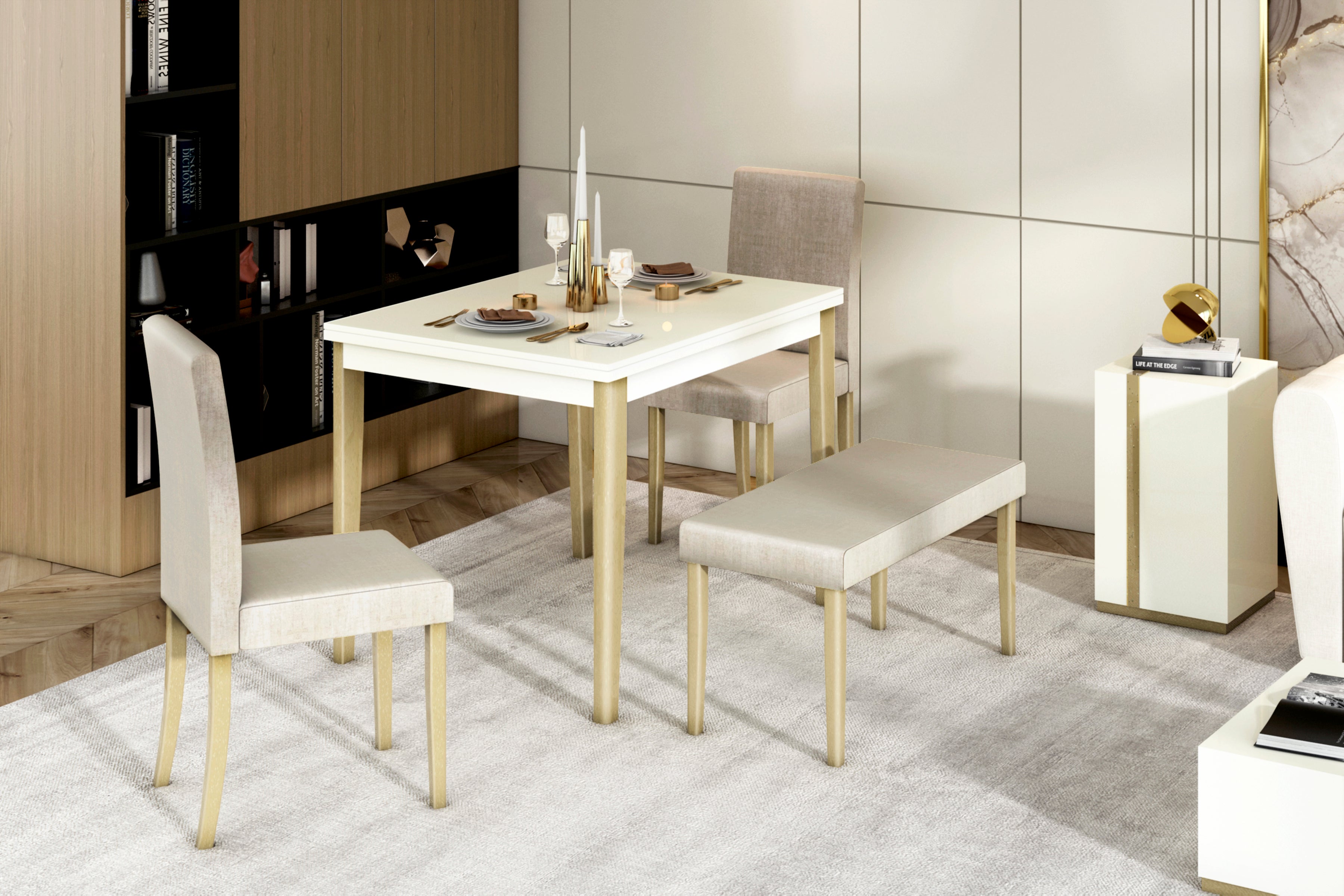 Comedor 4 Puestos Line Velvet Azafran Crudo, Champaña
