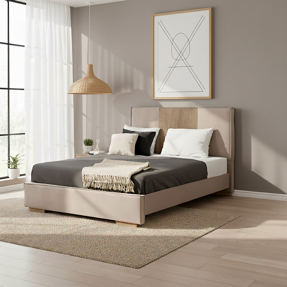 Combo Cama Doble Tokyo Taupe, Natural + Colchón Valencia Pillow Top