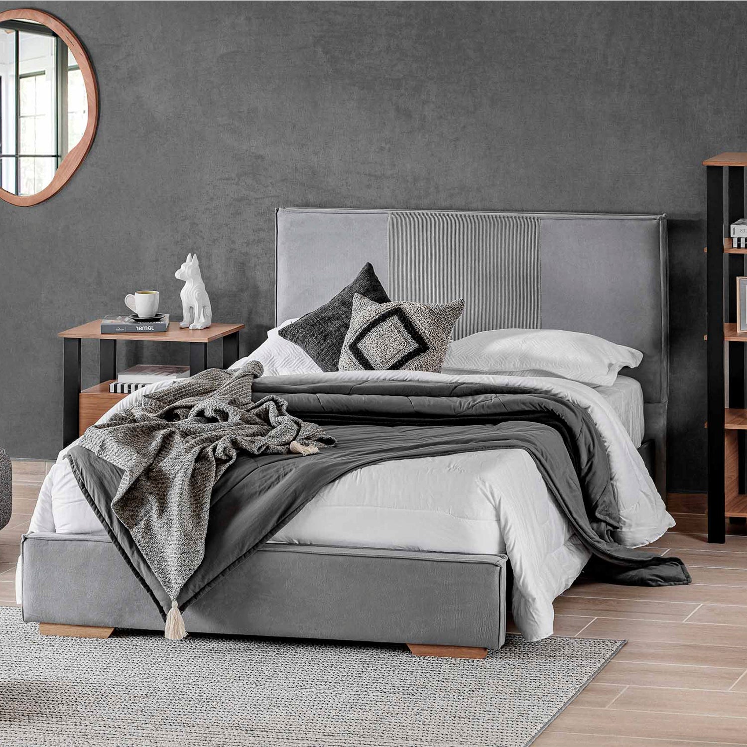 Combo Cama Doble Tokyo Gris, Natural + 2 Nocheros Donny + Colchón Horizon Soft