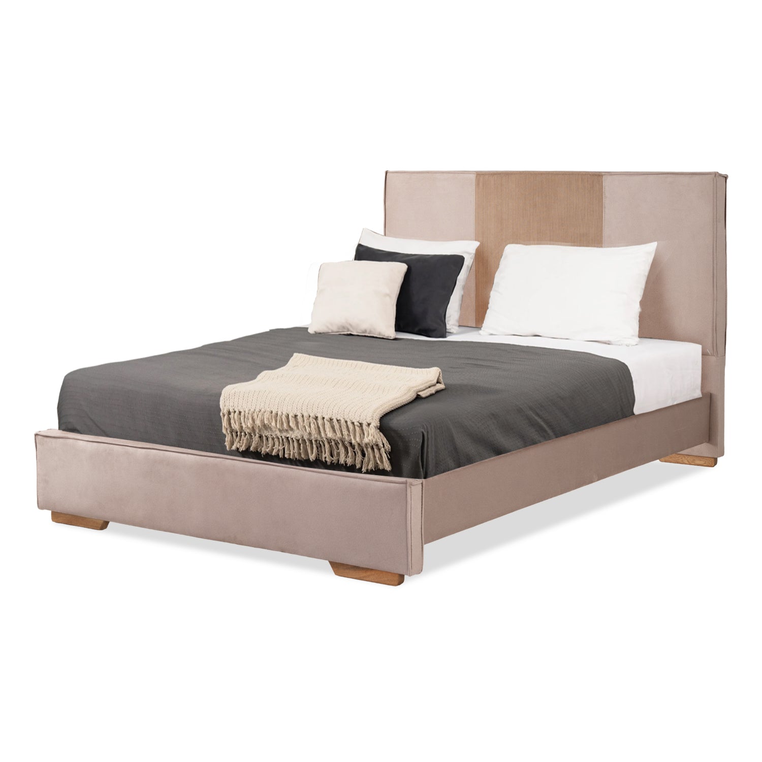 Combo Cama Doble Tokyo Taupe, Natural + 2 Nocheros Donny + Colchón Horizon Soft