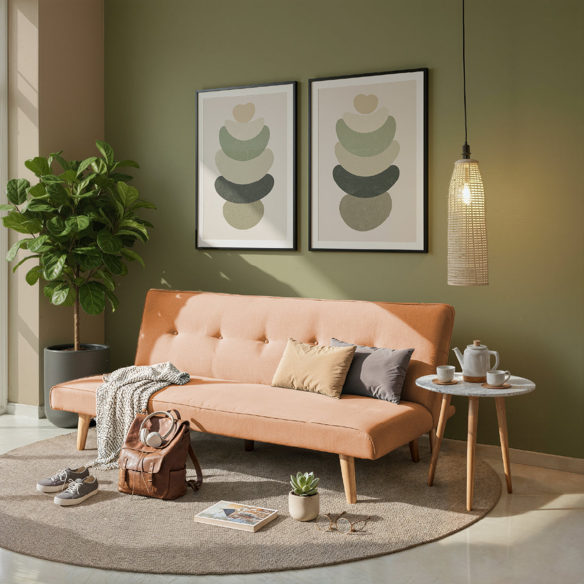 Combo Sofa Cama Gabi Microfribra Terra + Comedor 4 Puestos Harrison Natural, Taupe