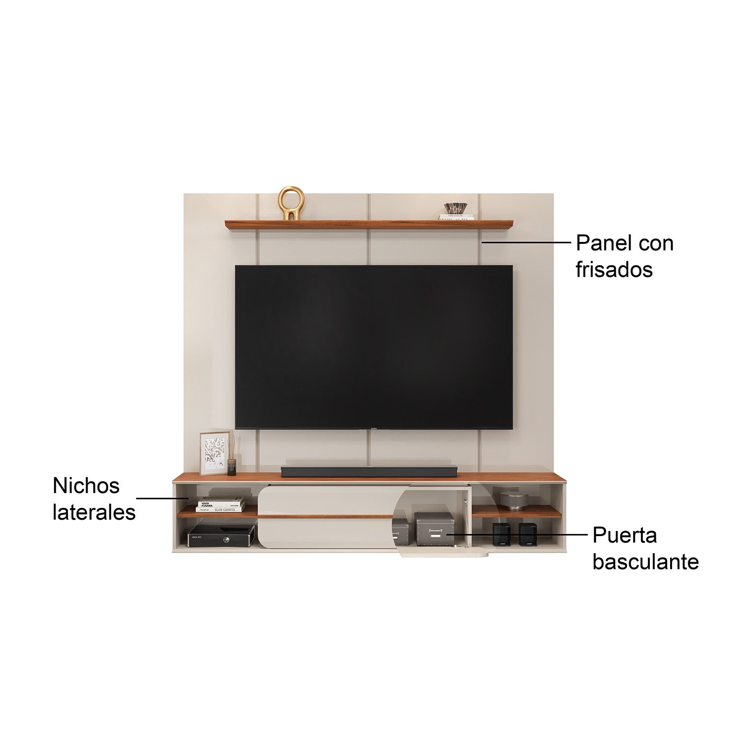 Combo Panel de Tv Alany 180X169X32 Off White, Natural + Sofacama Axxis Malaya Terra, Natural