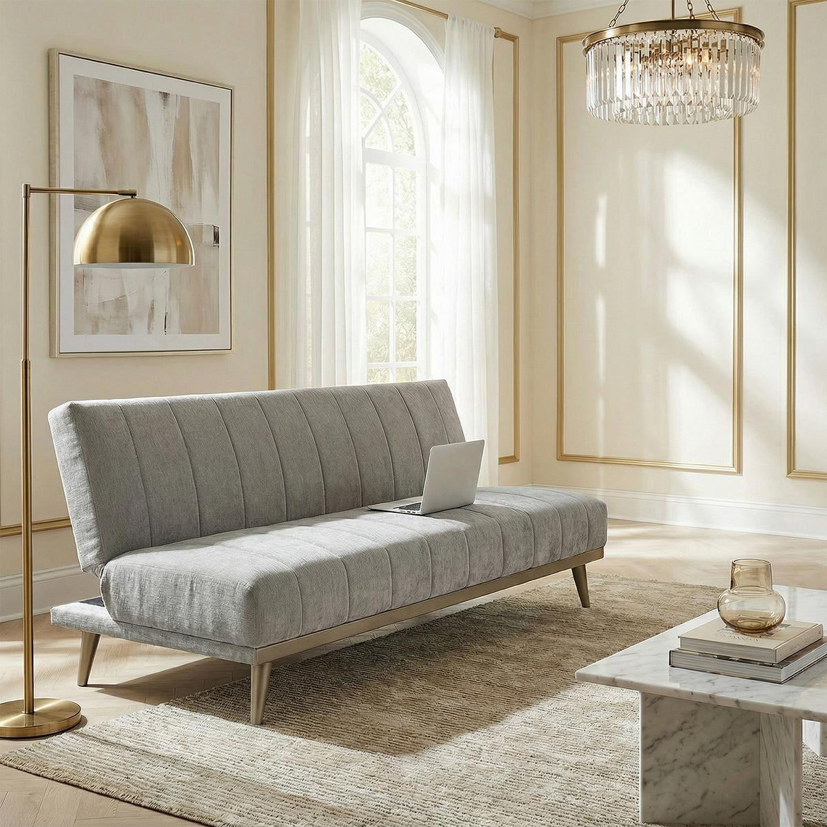 Combo Sofacama Denzel Ainoa Plata, Champaña + Centro de Entretenimiento Luka 160X148X37 Offwhite, Marmol