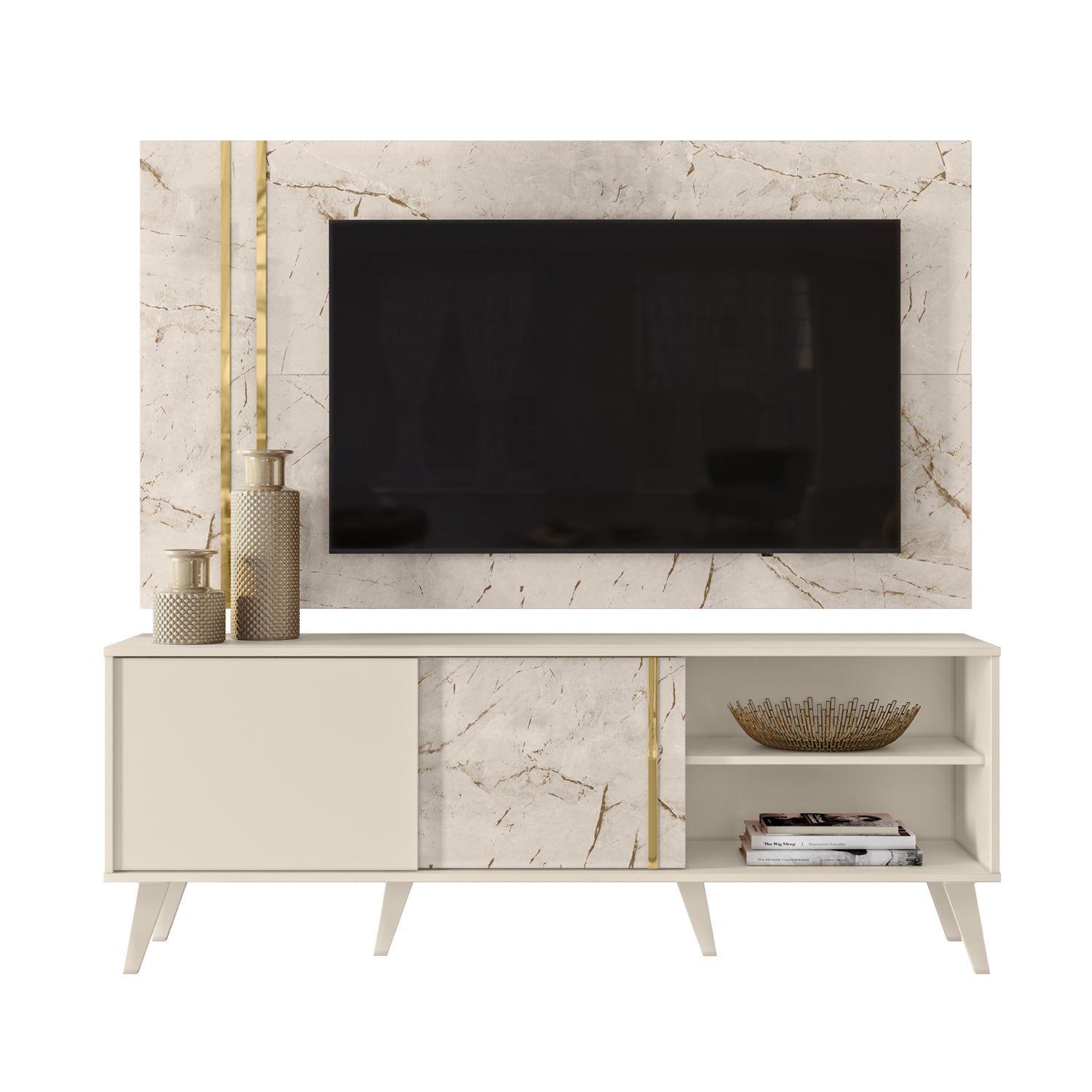 Combo Sofacama Denzel Ainoa Plata, Champaña + Centro de Entretenimiento Luka 160X148X37 Offwhite, Marmol